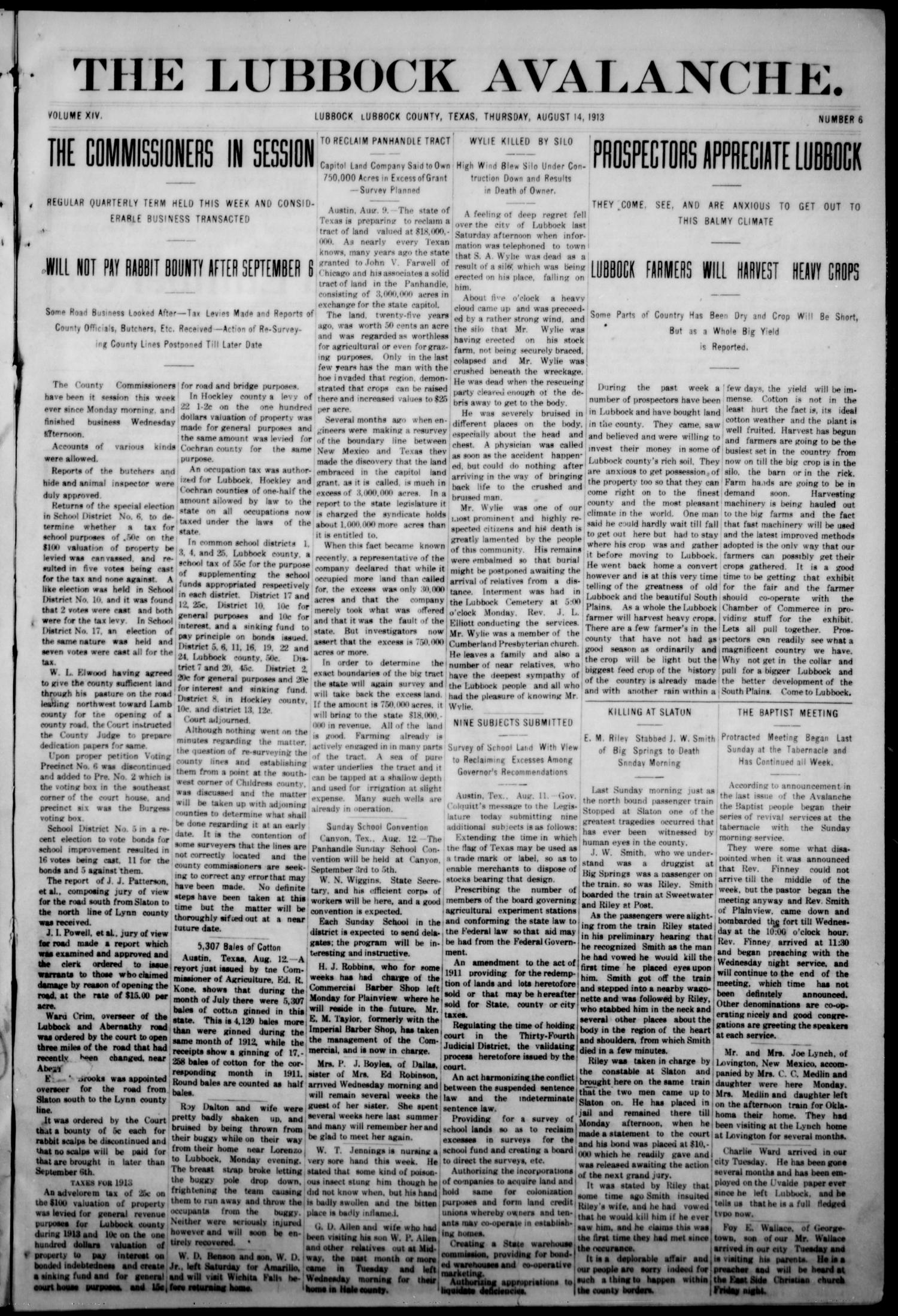 The Avalanche. (Lubbock, Texas), Vol. 14, No. 6, Ed. 1 Thursday, August 14, 1913
                                                
                                                    [Sequence #]: 1 of 12
                                                