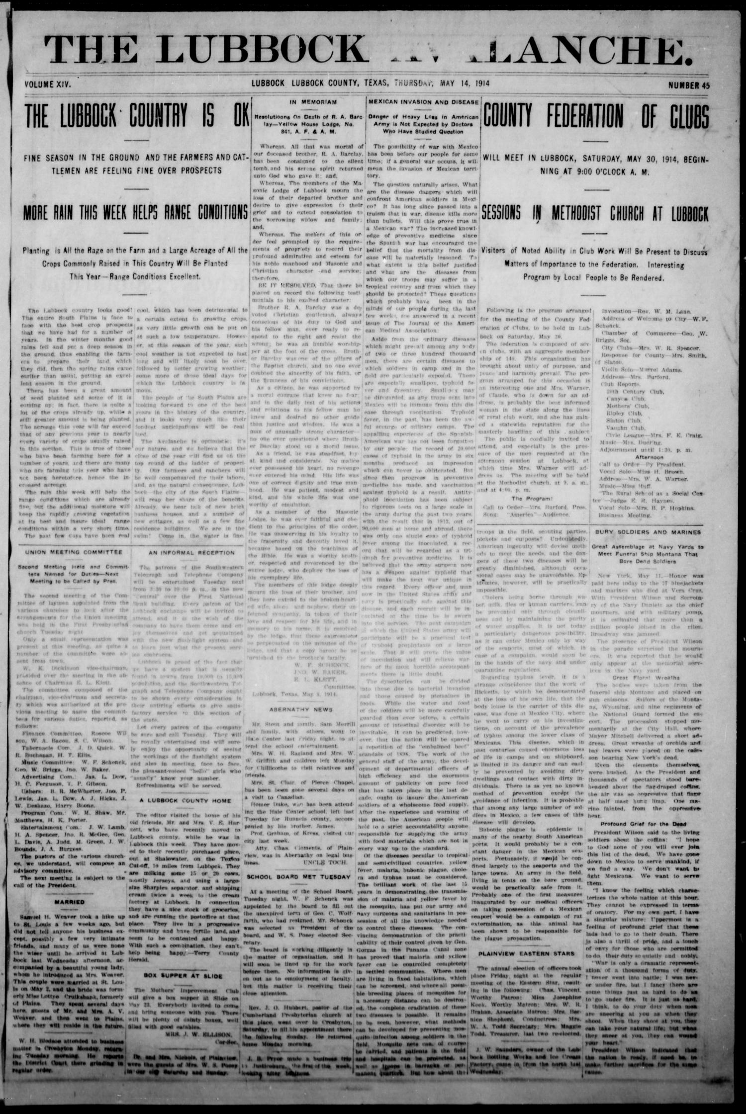 The Avalanche. (Lubbock, Texas), Vol. 14, No. 45, Ed. 1 Thursday, May 14, 1914
                                                
                                                    [Sequence #]: 1 of 12
                                                