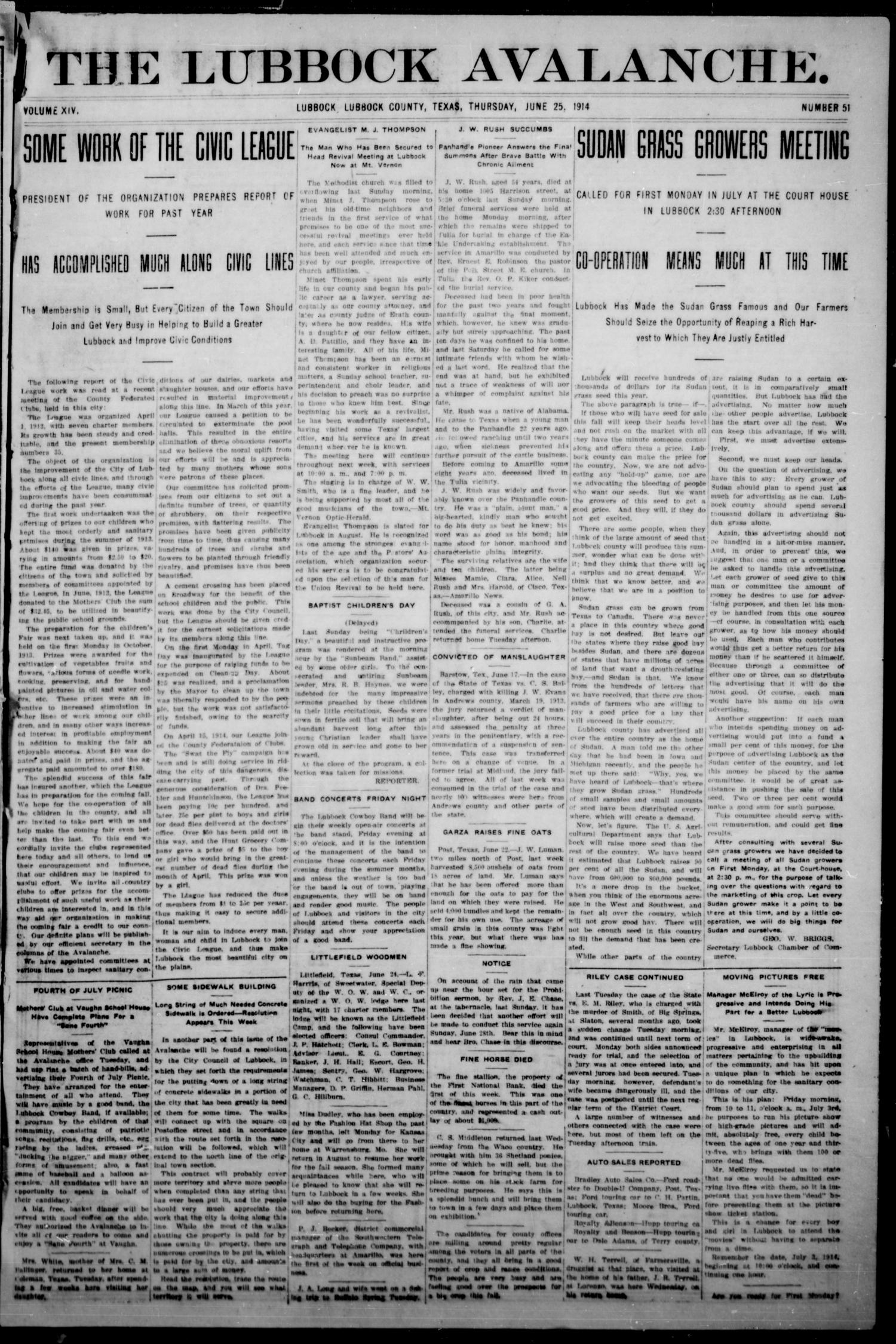 The Avalanche. (Lubbock, Texas), Vol. 14, No. 51, Ed. 1 Thursday, June 25, 1914
                                                
                                                    [Sequence #]: 1 of 16
                                                