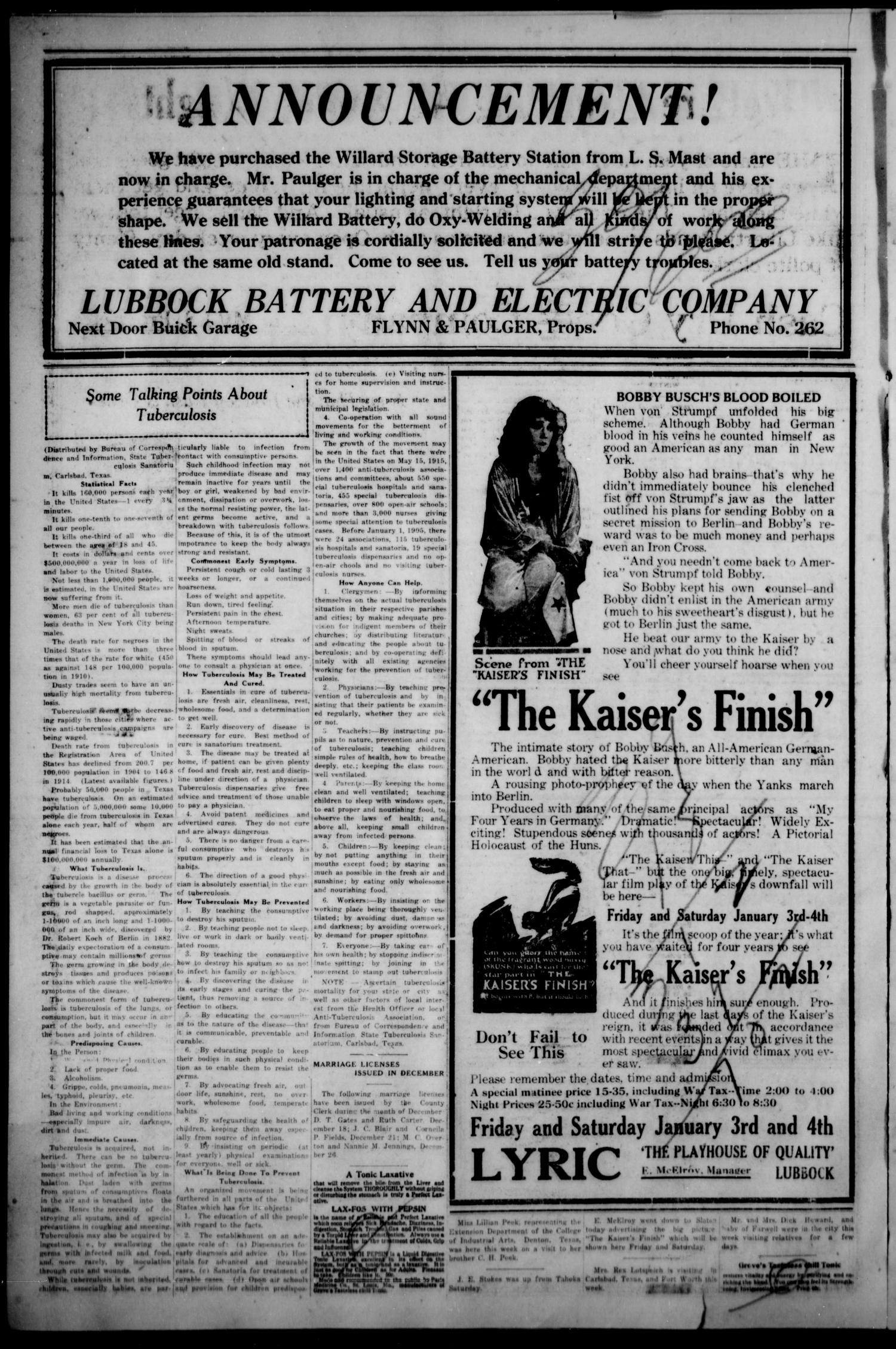 The Avalanche. (Lubbock, Texas), Vol. 19, No. 27, Ed. 1 Thursday, January 2, 1919
                                                
                                                    [Sequence #]: 4 of 24
                                                