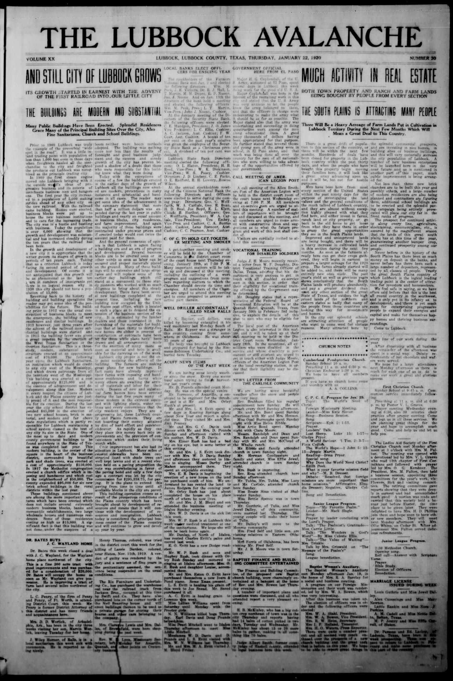 The Lubbock Avalanche. (Lubbock, Texas), Vol. 20, No. 30, Ed. 1 Thursday, January 22, 1920
                                                
                                                    [Sequence #]: 1 of 20
                                                
