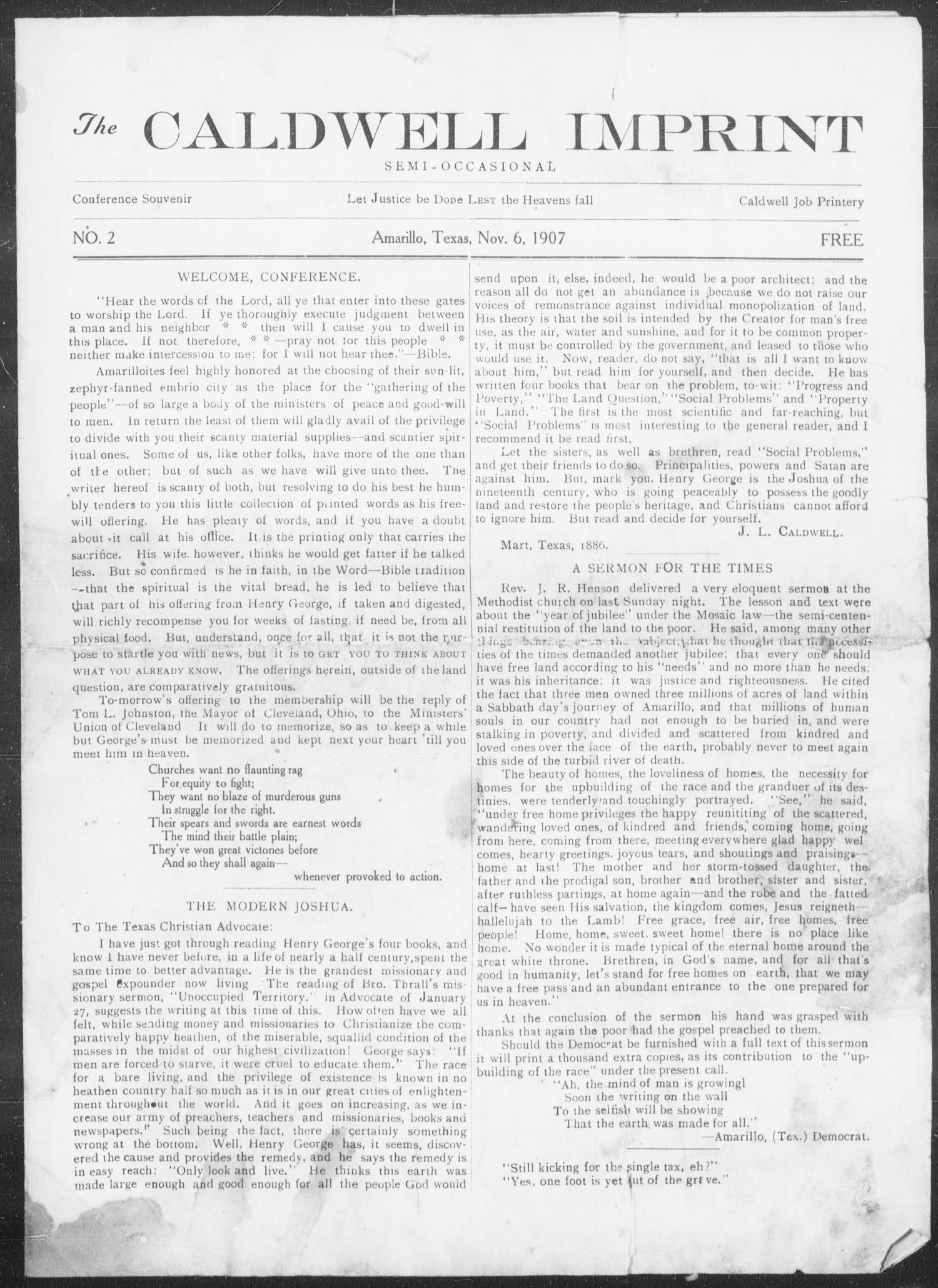 The Caldwell Imprint (Amarillo, Tex.), No. 2, Ed. 1 Wednesday, November 6, 1907
                                                
                                                    [Sequence #]: 1 of 4
                                                