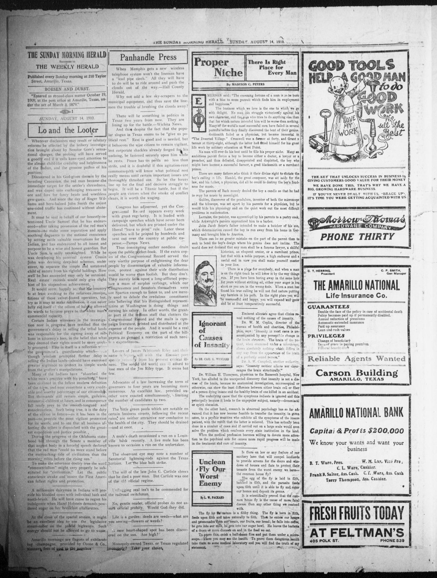 The Sunday Morning Herald. (Amarillo, Tex.), Vol. 22, No. 29, Ed. 1 Sunday, August 14, 1910
                                                
                                                    [Sequence #]: 4 of 8
                                                