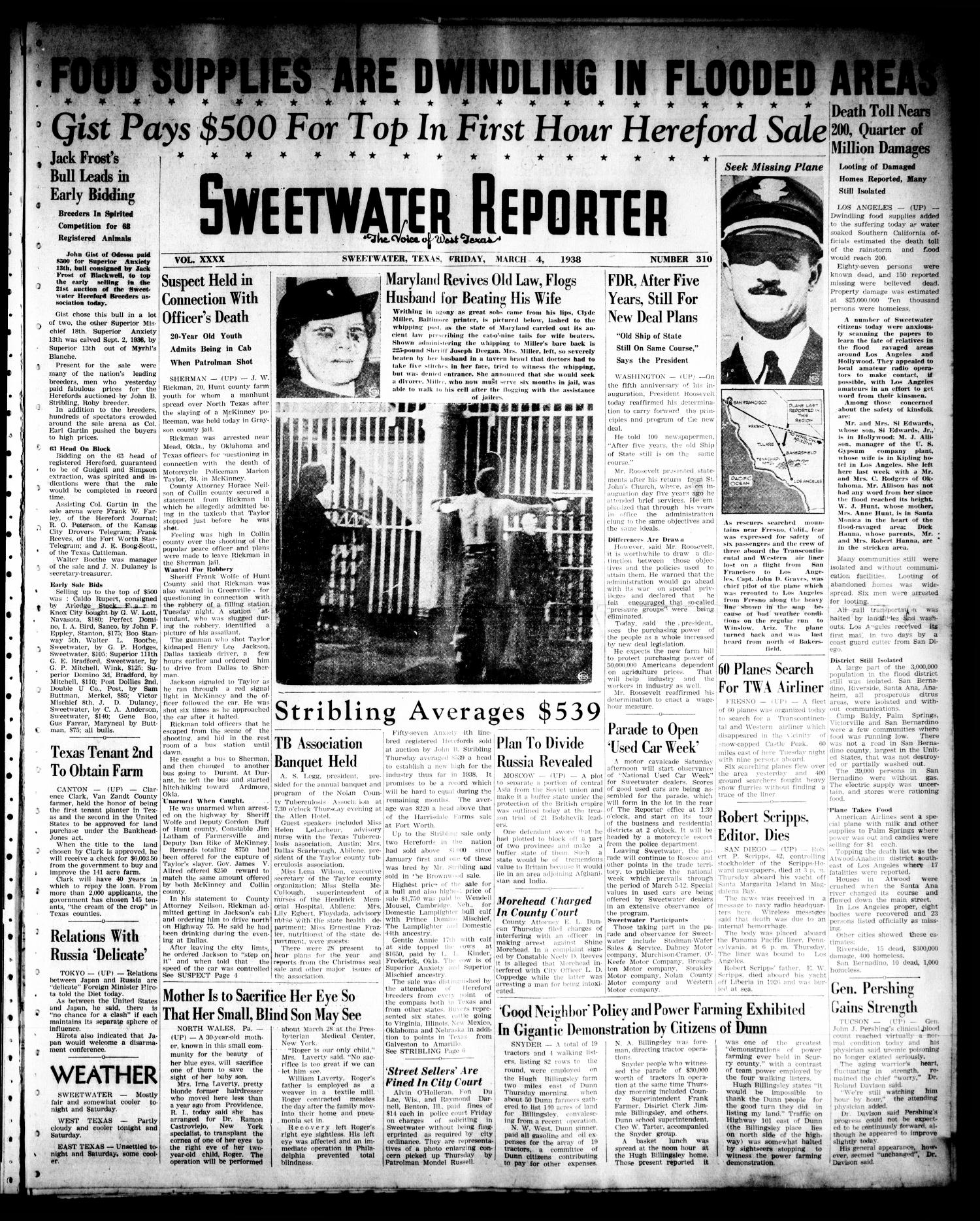 Sweetwater Reporter (Sweetwater, Tex.), Vol. 40, No. 309, Ed. 1 Friday, March 4, 1938
                                                
                                                    [Sequence #]: 1 of 14
                                                