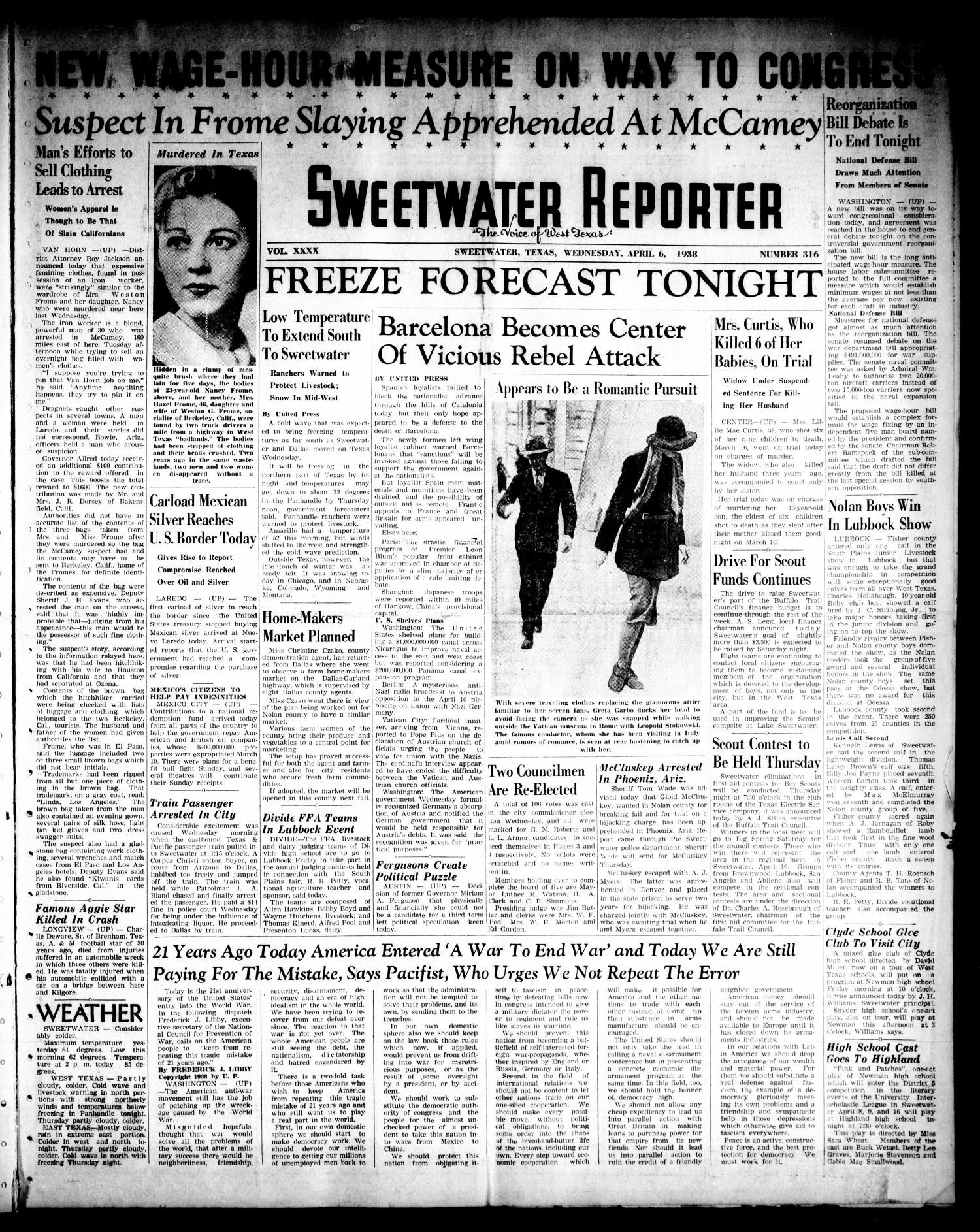 Sweetwater Reporter (Sweetwater, Tex.), Vol. 40, No. 317, Ed. 1 Wednesday, April 6, 1938
                                                
                                                    [Sequence #]: 1 of 6
                                                