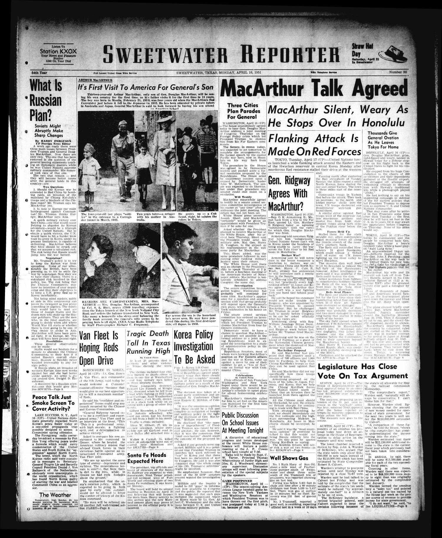 Sweetwater Reporter (Sweetwater, Tex.), Vol. 54, No. 90, Ed. 1 Monday, April 16, 1951
                                                
                                                    [Sequence #]: 1 of 8
                                                
