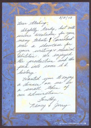 Primary view of object titled '[Letter from Nancy and Jerry to Sterling Houston - March 31, 2003]'.