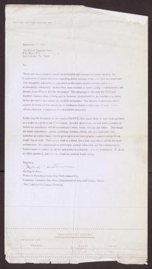 Primary view of object titled '[Letter from Sterling Houston to San Antonio Express-News - September 27, 1994]'.