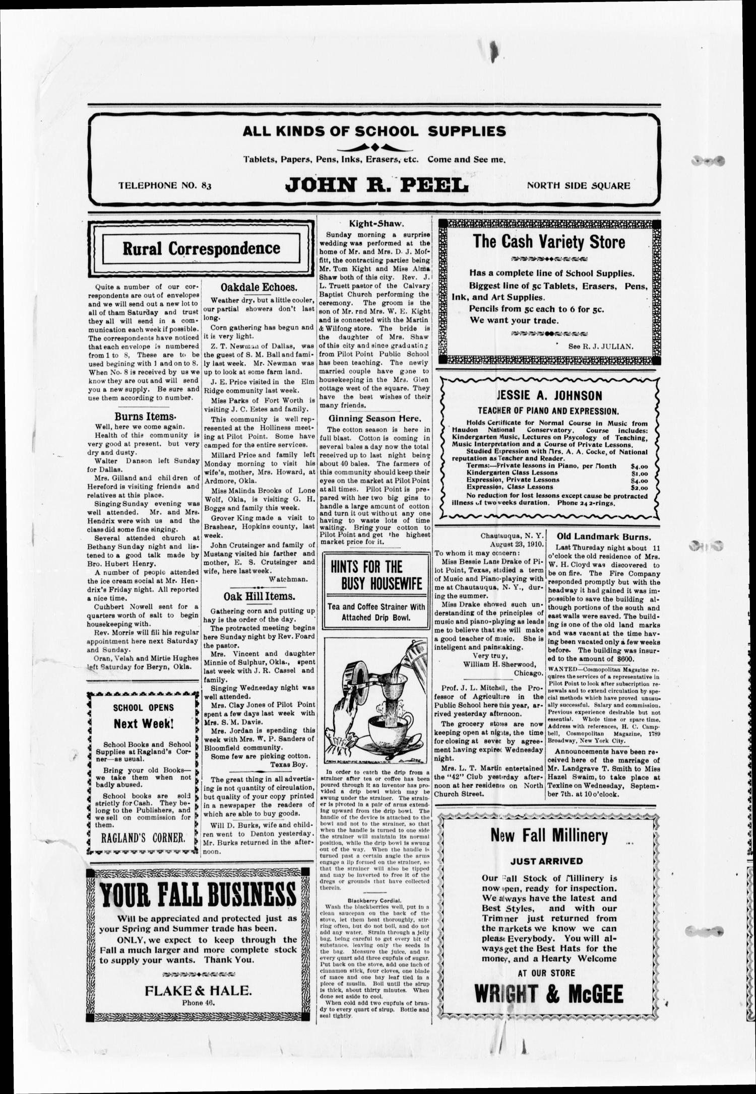 The Post-Signal (Pilot Point, Tex.), Vol. 33, No. 1, Ed. 1 Friday, September 2, 1910
                                                
                                                    [Sequence #]: 4 of 8
                                                