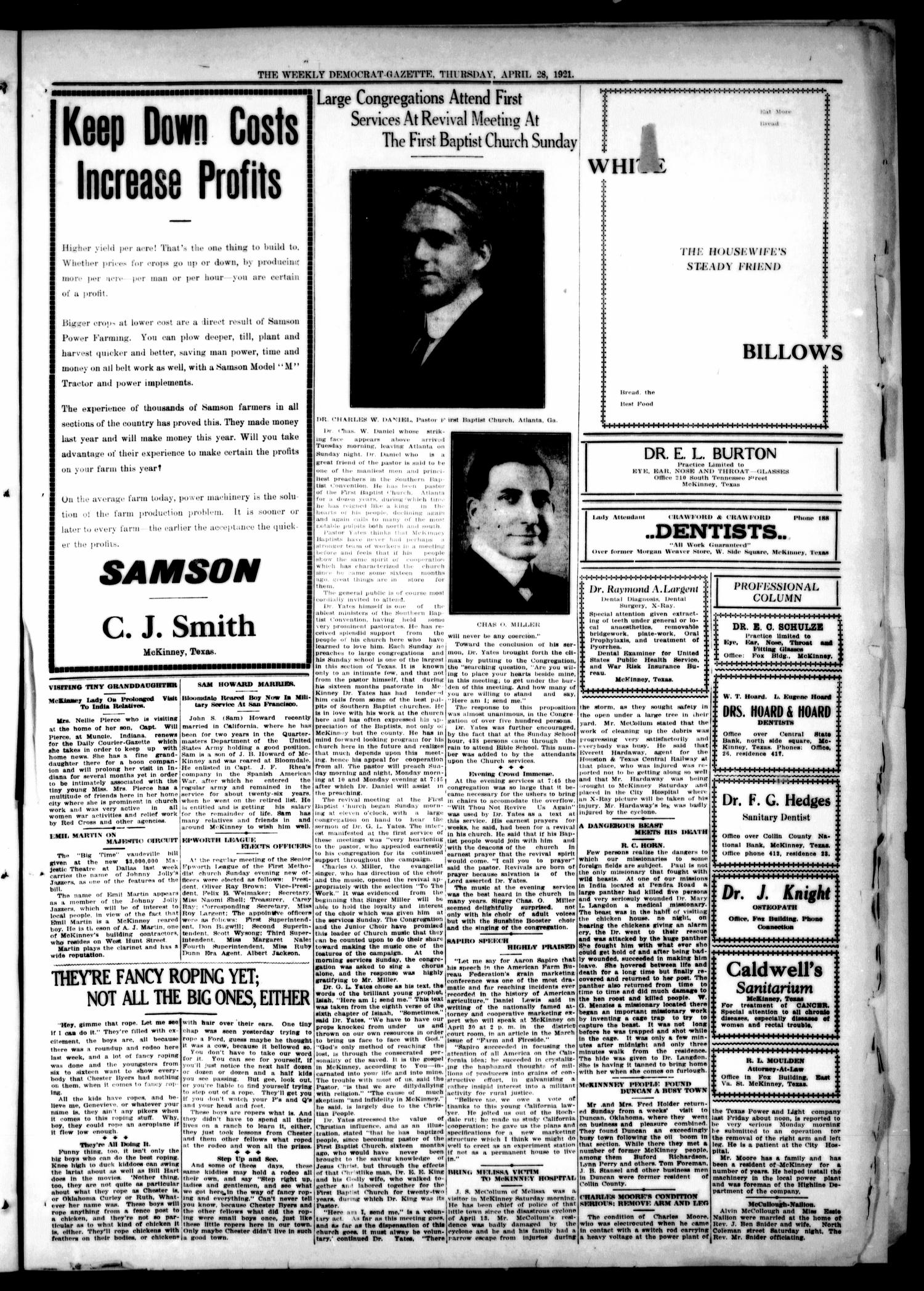 The Weekly Democrat-Gazette (McKinney, Tex.), Vol. 38, Ed. 1 Thursday, April 28, 1921
                                                
                                                    [Sequence #]: 3 of 16
                                                