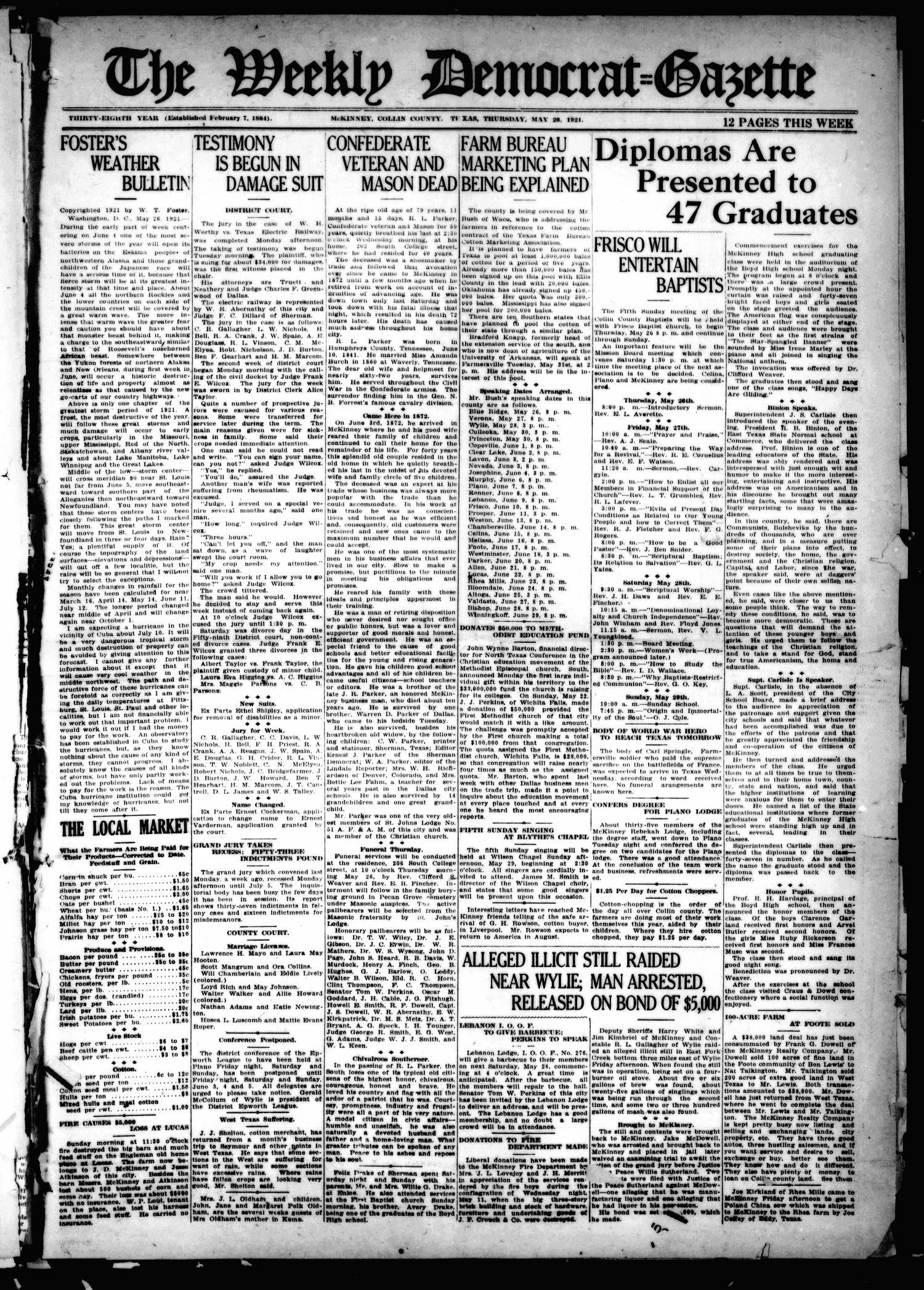 The Weekly Democrat-Gazette (McKinney, Tex.), Vol. 38, Ed. 1 Thursday, May 26, 1921
                                                
                                                    [Sequence #]: 1 of 12
                                                