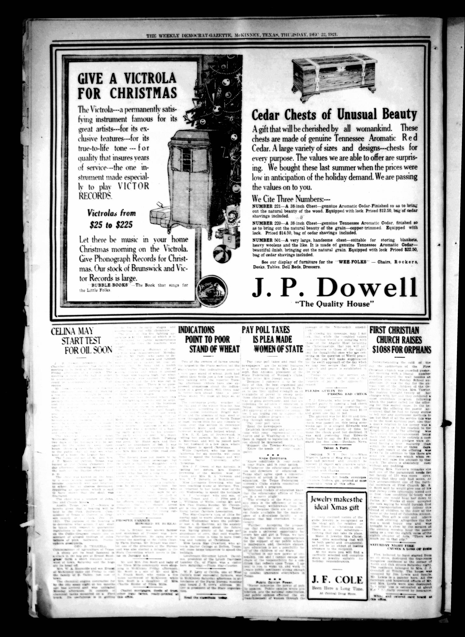 The Weekly Democrat-Gazette (McKinney, Tex.), Vol. 38, Ed. 1 Thursday, December 22, 1921
                                                
                                                    [Sequence #]: 2 of 16
                                                