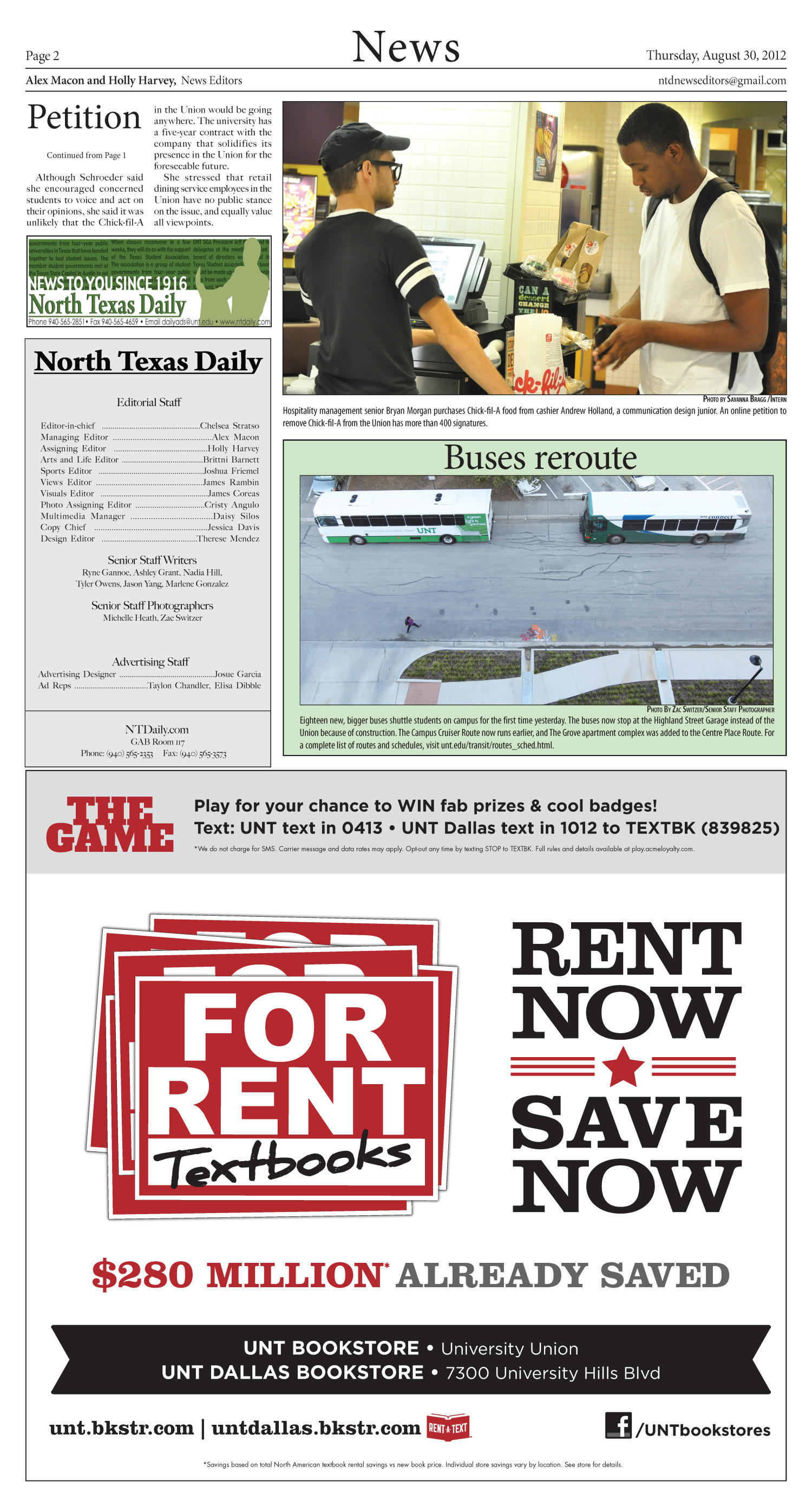 North Texas Daily (Denton, Tex.), Vol. 100, No. 2, Ed. 1 Thursday, August 30, 2012
                                                
                                                    [Sequence #]: 2 of 10
                                                