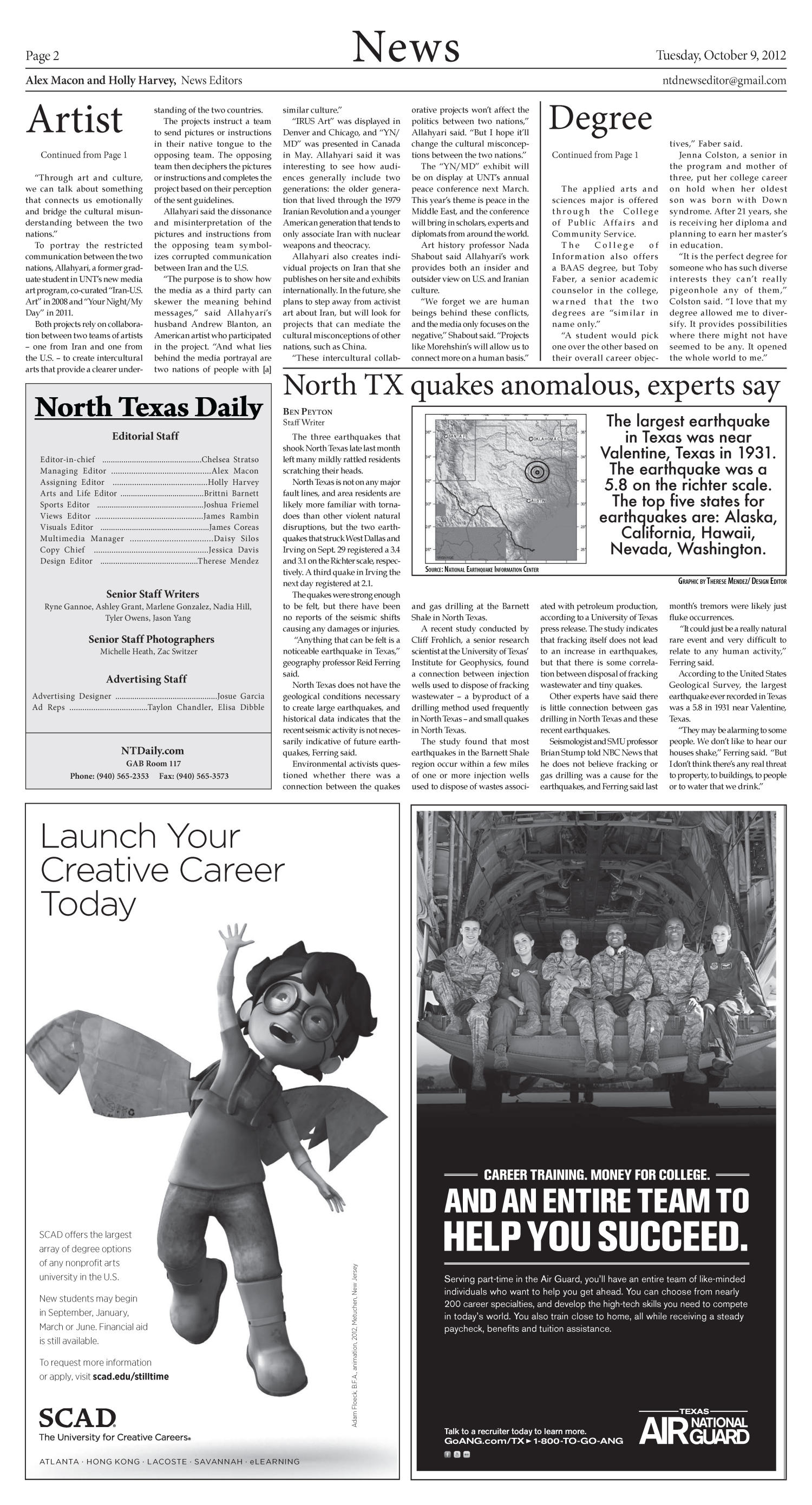 North Texas Daily (Denton, Tex.), Vol. 100, No. 18, Ed. 1 Tuesday, October 9, 2012
                                                
                                                    [Sequence #]: 2 of 6
                                                