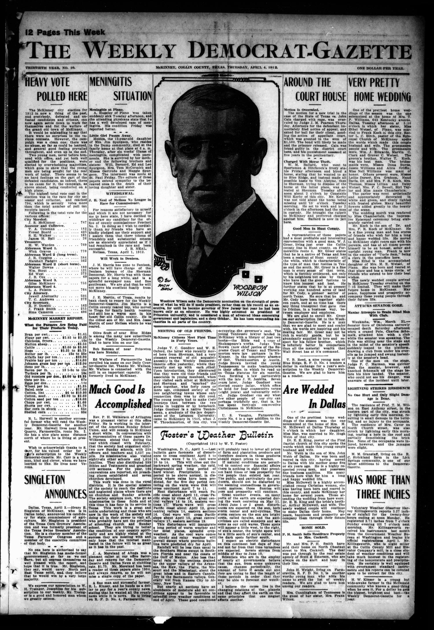 The Weekly Democrat-Gazette (McKinney, Tex.), Vol. 30, No. 10, Ed. 1 Thursday, April 4, 1912
                                                
                                                    [Sequence #]: 1 of 12
                                                