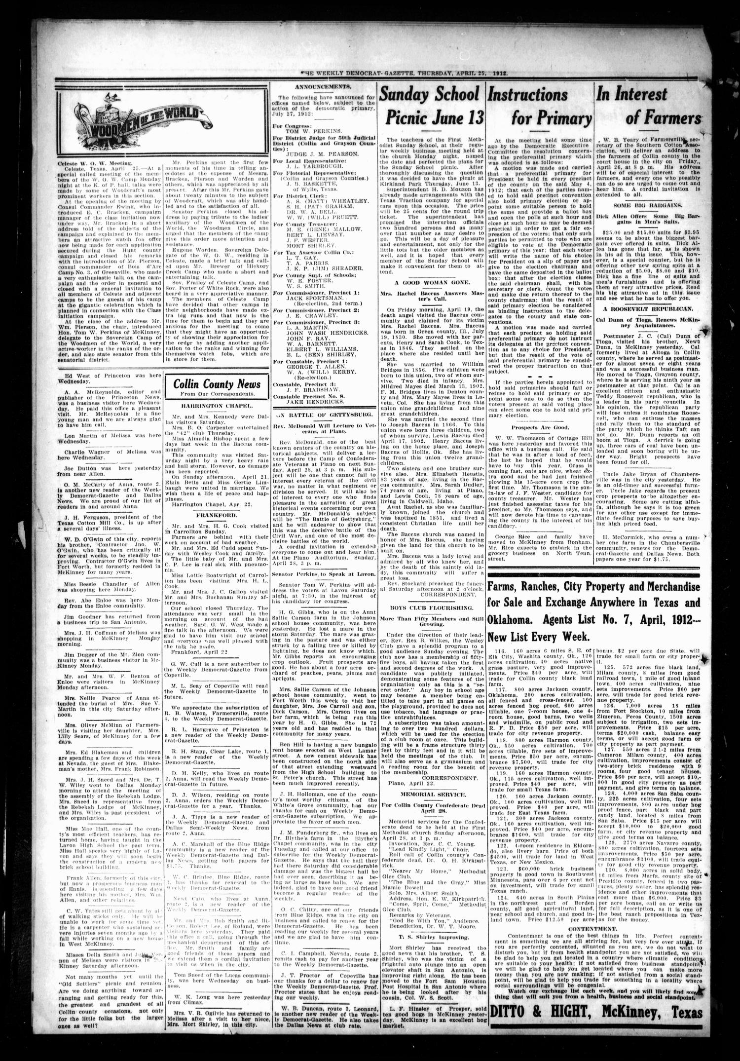 The Weekly Democrat-Gazette (McKinney, Tex.), Vol. 30, No. 12, Ed. 1 Thursday, April 25, 1912
                                                
                                                    [Sequence #]: 4 of 16
                                                