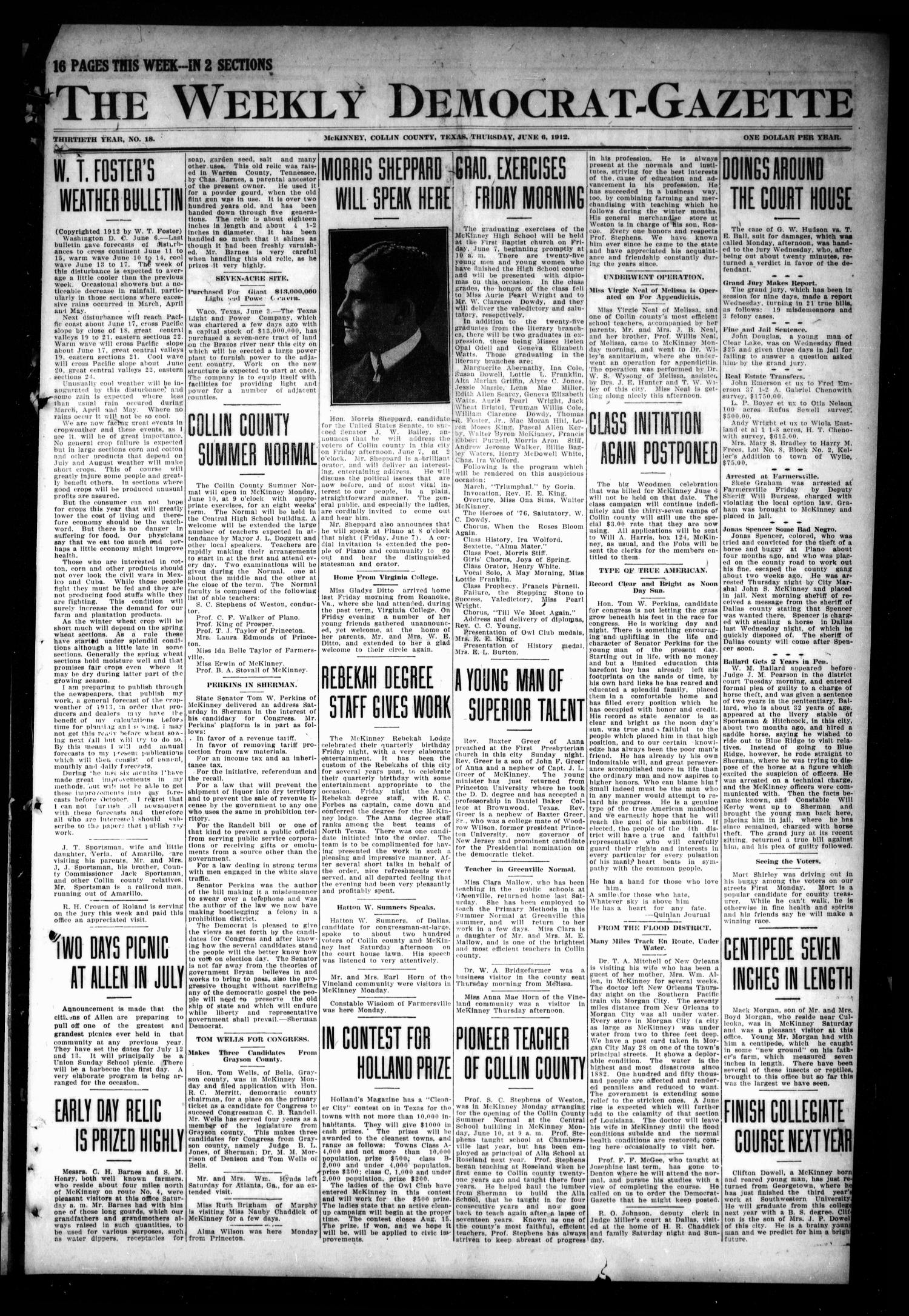 The Weekly Democrat-Gazette (McKinney, Tex.), Vol. 30, No. 18, Ed. 1 Thursday, June 6, 1912
                                                
                                                    [Sequence #]: 1 of 16
                                                