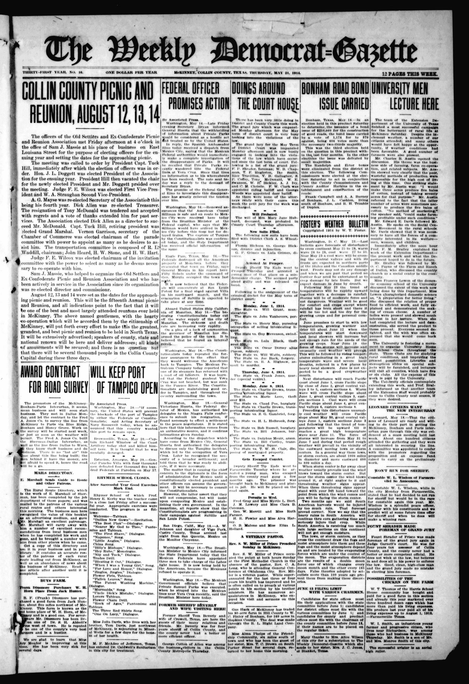 The Weekly Democrat-Gazette (McKinney, Tex.), Vol. 31, No. 16, Ed. 1 Thursday, May 21, 1914
                                                
                                                    [Sequence #]: 1 of 12
                                                