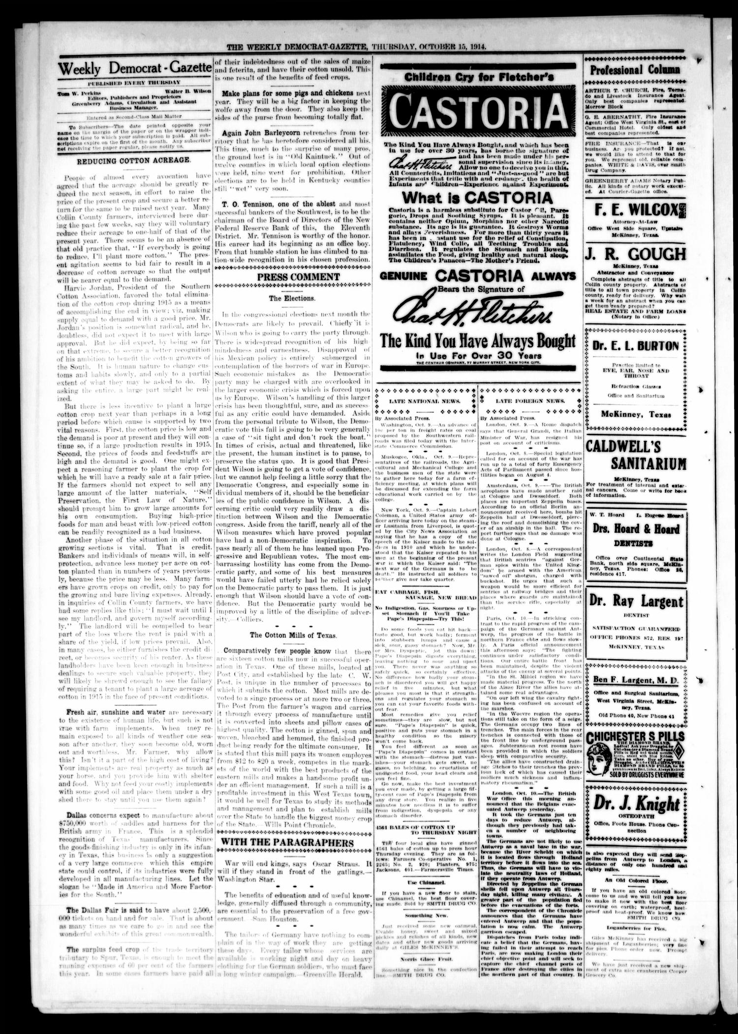 The Weekly Democrat-Gazette (McKinney, Tex.), Vol. 31, No. 36, Ed. 1 Thursday, October 15, 1914
                                                
                                                    [Sequence #]: 2 of 12
                                                