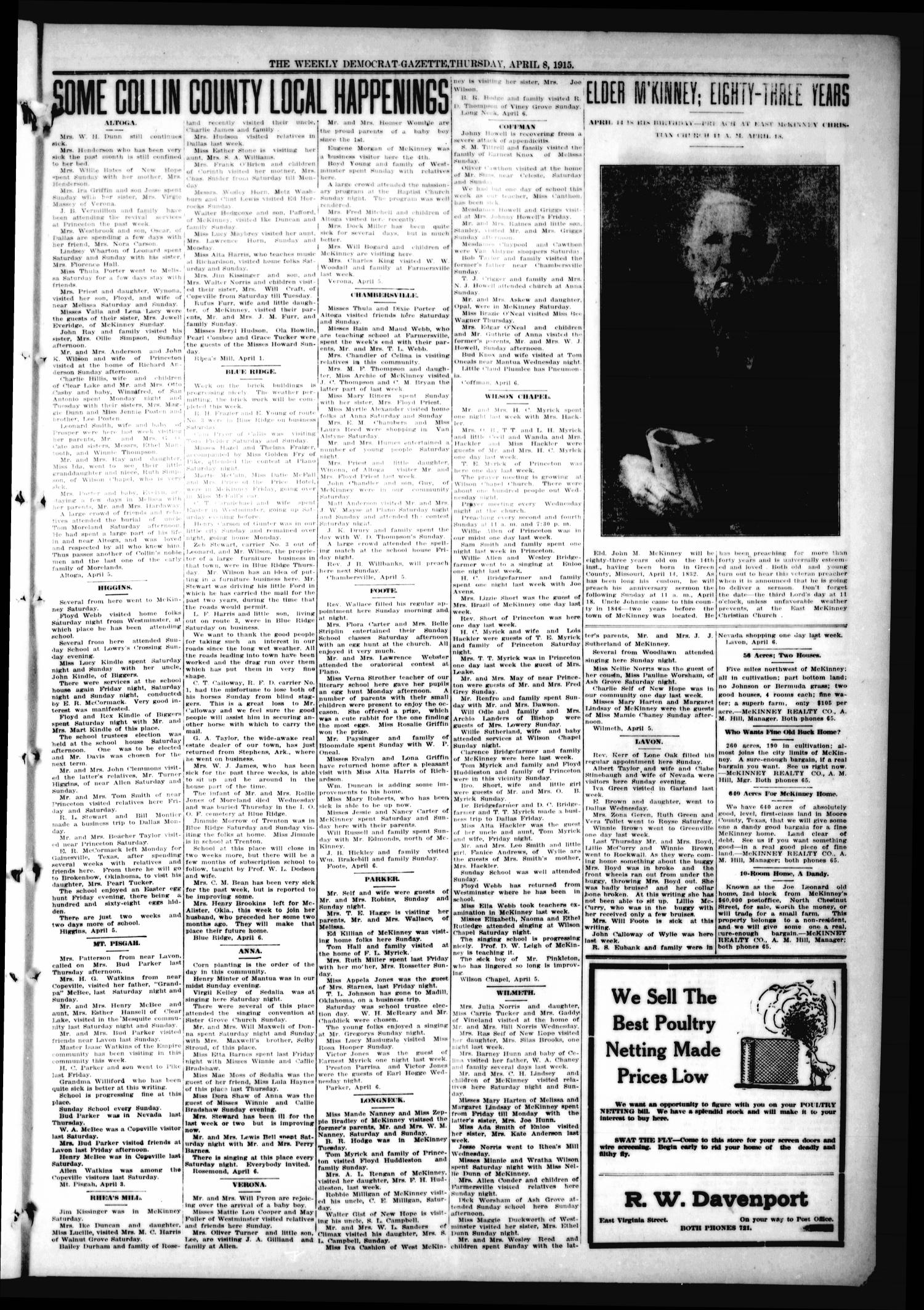 The Weekly Democrat-Gazette (McKinney, Tex.), Vol. 32, Ed. 1 Thursday, April 8, 1915
                                                
                                                    [Sequence #]: 3 of 12
                                                
