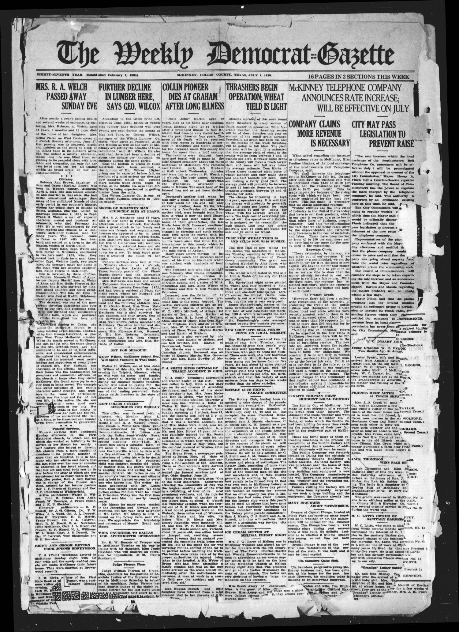The Weekly Democrat-Gazette (McKinney, Tex.), Vol. 37, Ed. 1 Thursday, July 1, 1920
                                                
                                                    [Sequence #]: 1 of 16
                                                