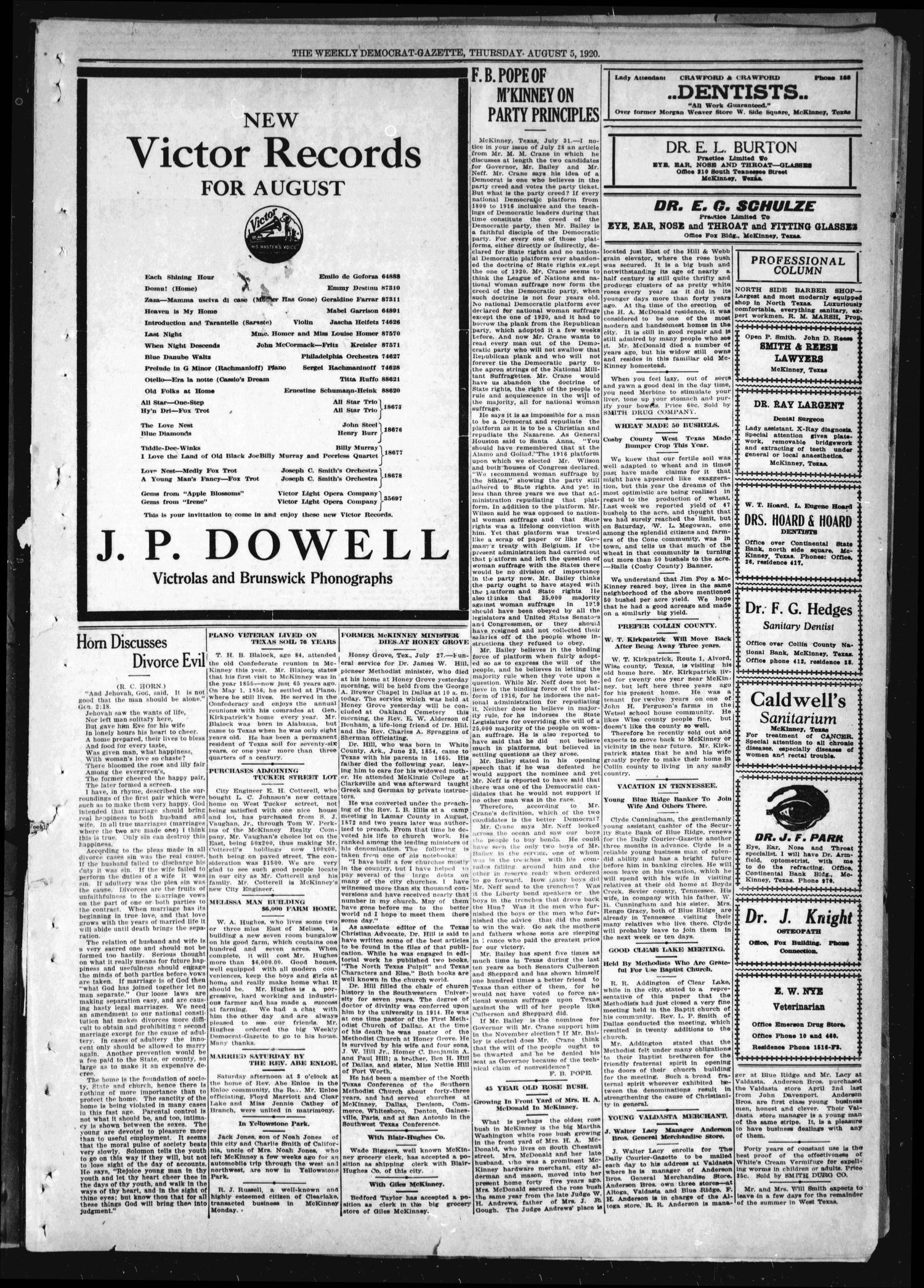 The Weekly Democrat-Gazette (McKinney, Tex.), Vol. 37, Ed. 1 Thursday, August 5, 1920
                                                
                                                    [Sequence #]: 3 of 16
                                                