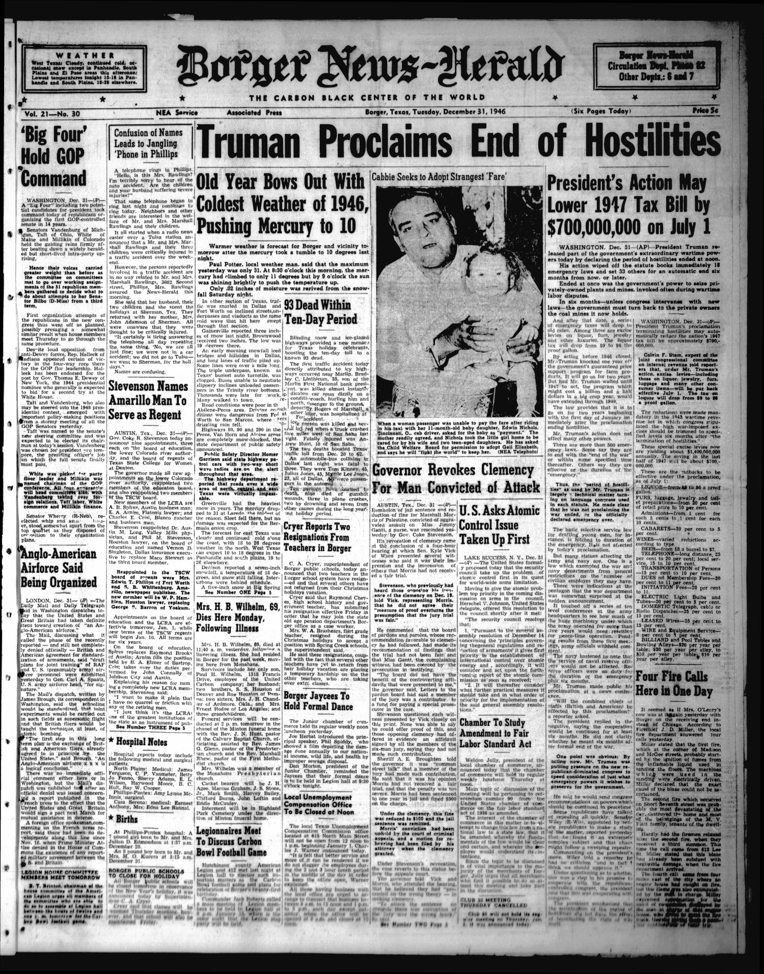 Borger-News Herald (Borger, Tex.), Vol. 21, No. 30, Ed. 1 Tuesday, December 31, 1946
                                                
                                                    [Sequence #]: 1 of 6
                                                