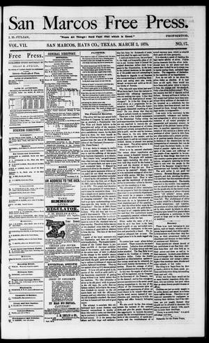 Primary view of object titled 'San Marcos Free Press. (San Marcos, Tex.), Vol. 7, No. 17, Ed. 1 Saturday, March 2, 1878'.