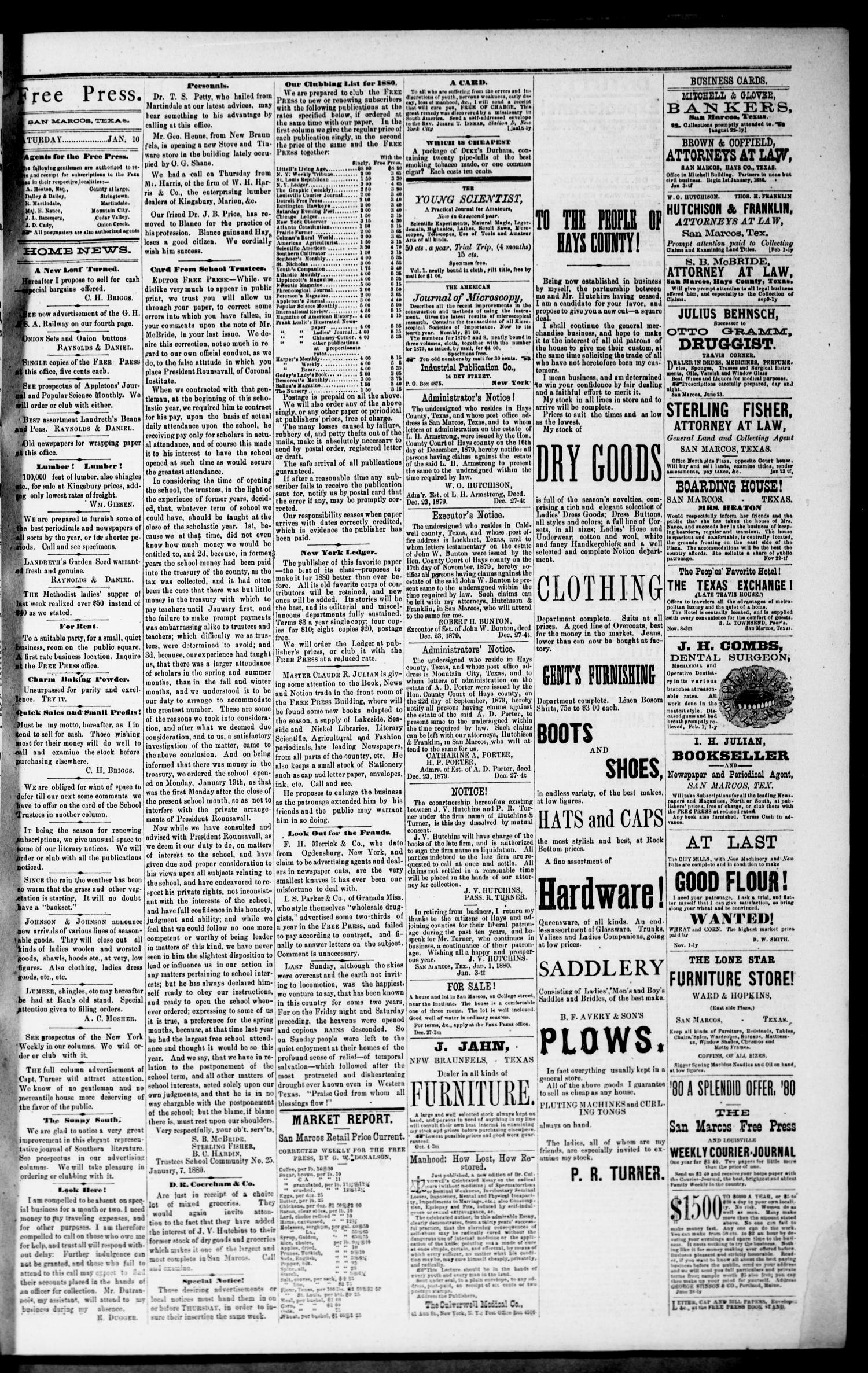 San Marcos Free Press. (San Marcos, Tex.), Vol. 9, No. 8, Ed. 1 Saturday, January 10, 1880
                                                
                                                    [Sequence #]: 3 of 4
                                                