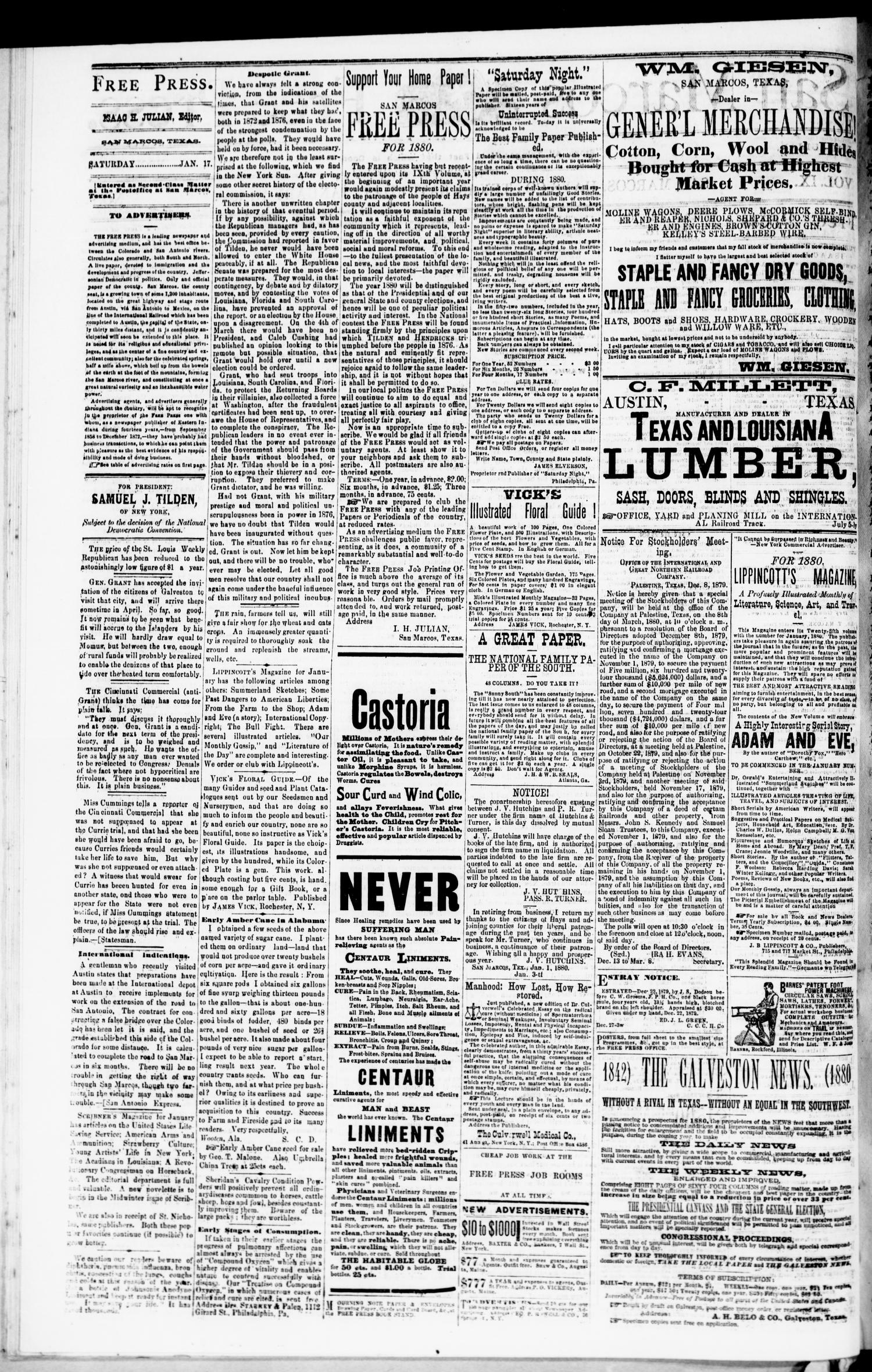 San Marcos Free Press. (San Marcos, Tex.), Vol. 9, No. 9, Ed. 1 Saturday, January 17, 1880
                                                
                                                    [Sequence #]: 2 of 4
                                                
