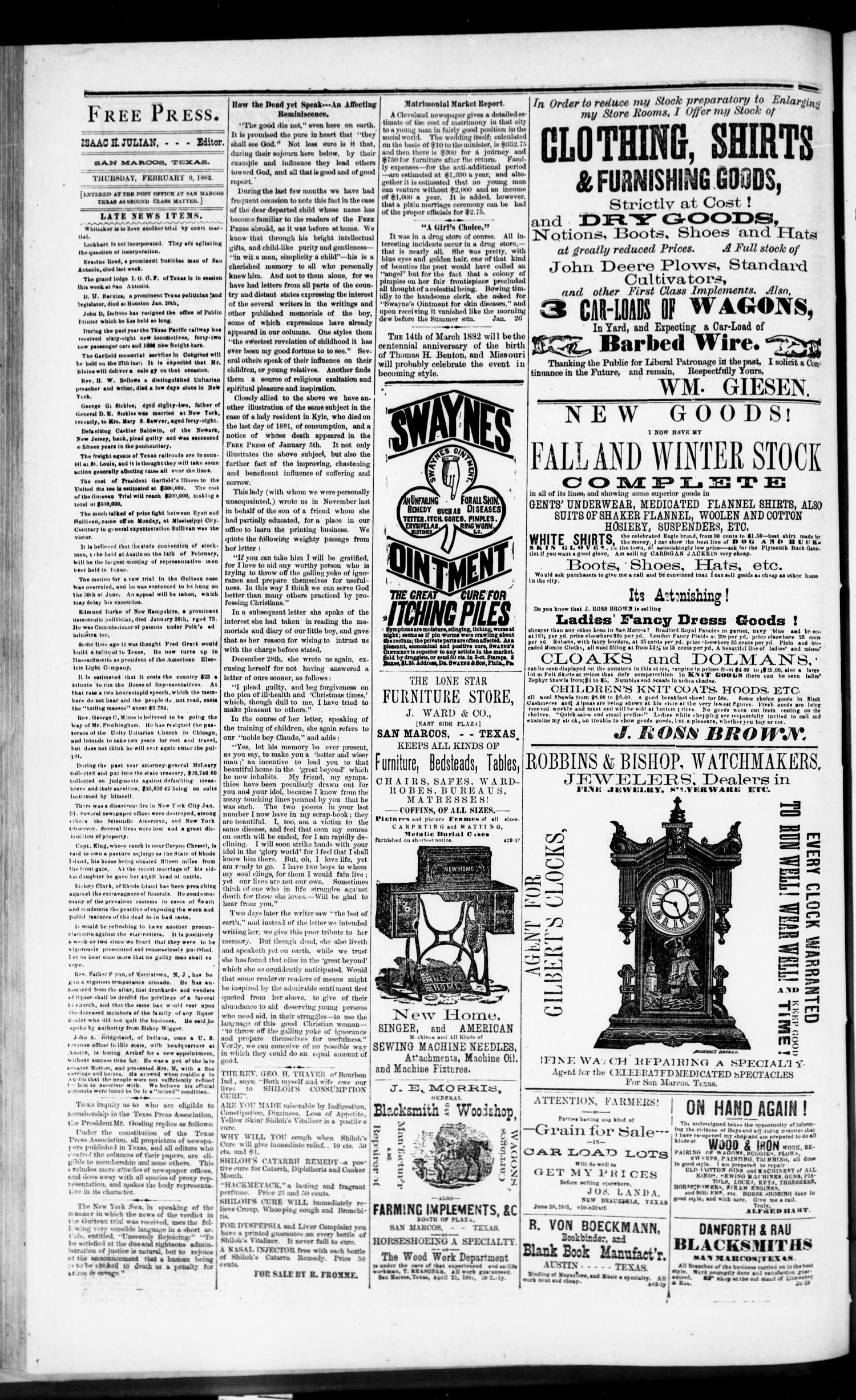 San Marcos Free Press. (San Marcos, Tex.), Vol. 11, No. 11, Ed. 1 Thursday, February 9, 1882
                                                
                                                    [Sequence #]: 4 of 8
                                                