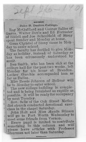 Primary view of object titled '[Newspaper Clipping" John B. Denton College]'.
