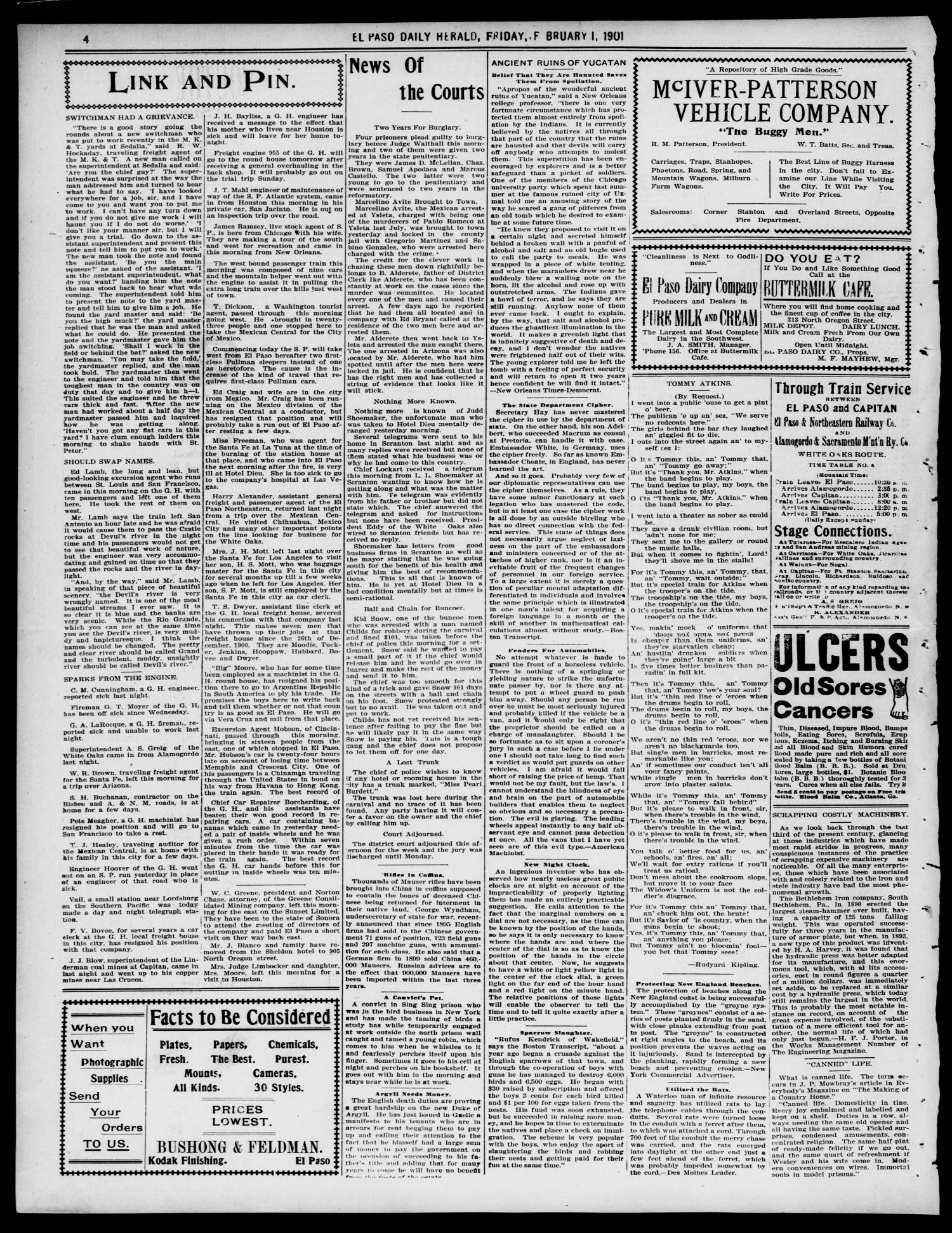 El Paso Daily Herald. (El Paso, Tex.), Vol. 21ST YEAR, No. 27, Ed. 1 Friday, February 1, 1901
                                                
                                                    [Sequence #]: 2 of 6
                                                
