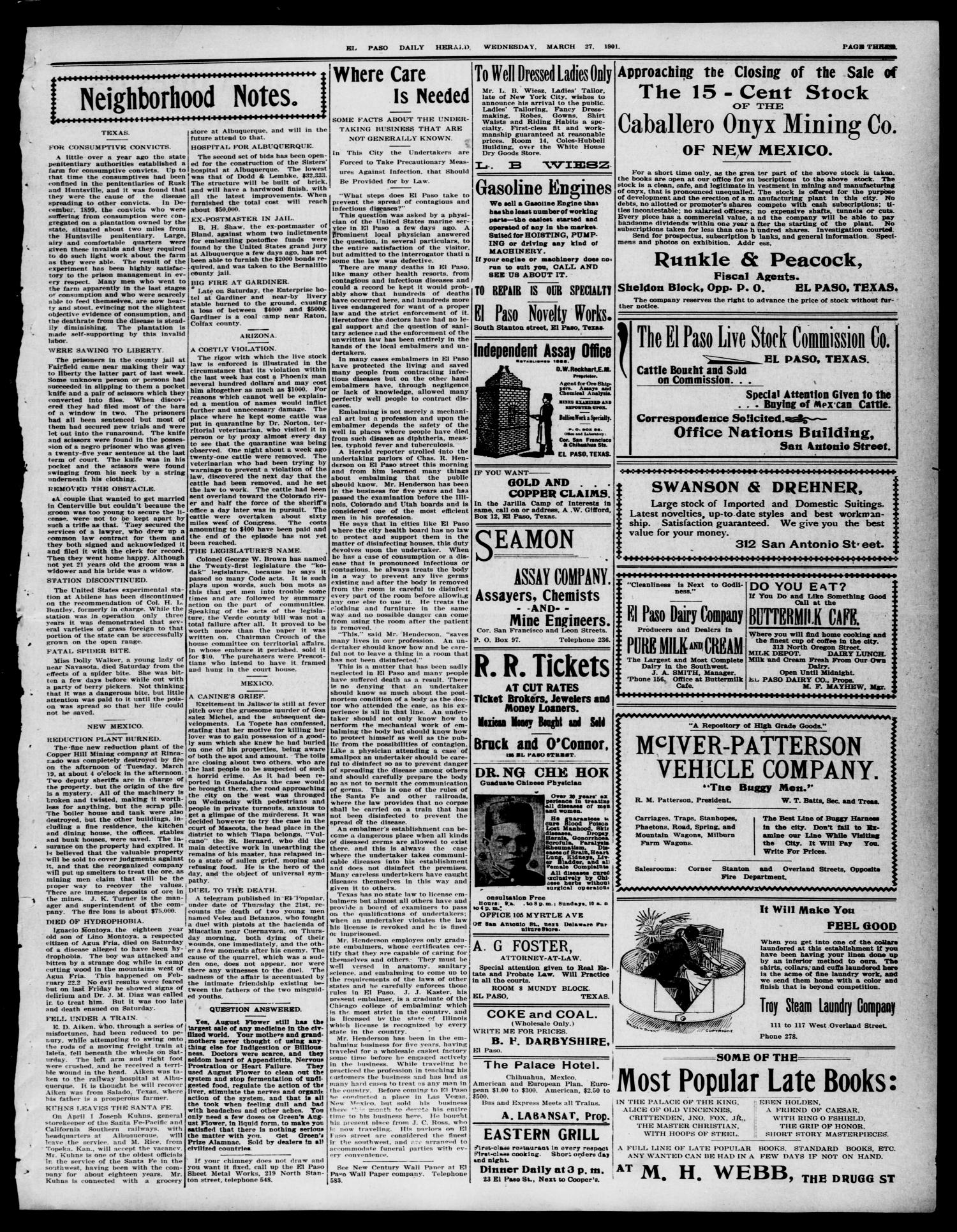 El Paso Daily Herald. (El Paso, Tex.), Vol. TWENTY-FIRST YEAR, Ed. 1 Wednesday, March 27, 1901
                                                
                                                    [Sequence #]: 3 of 8
                                                