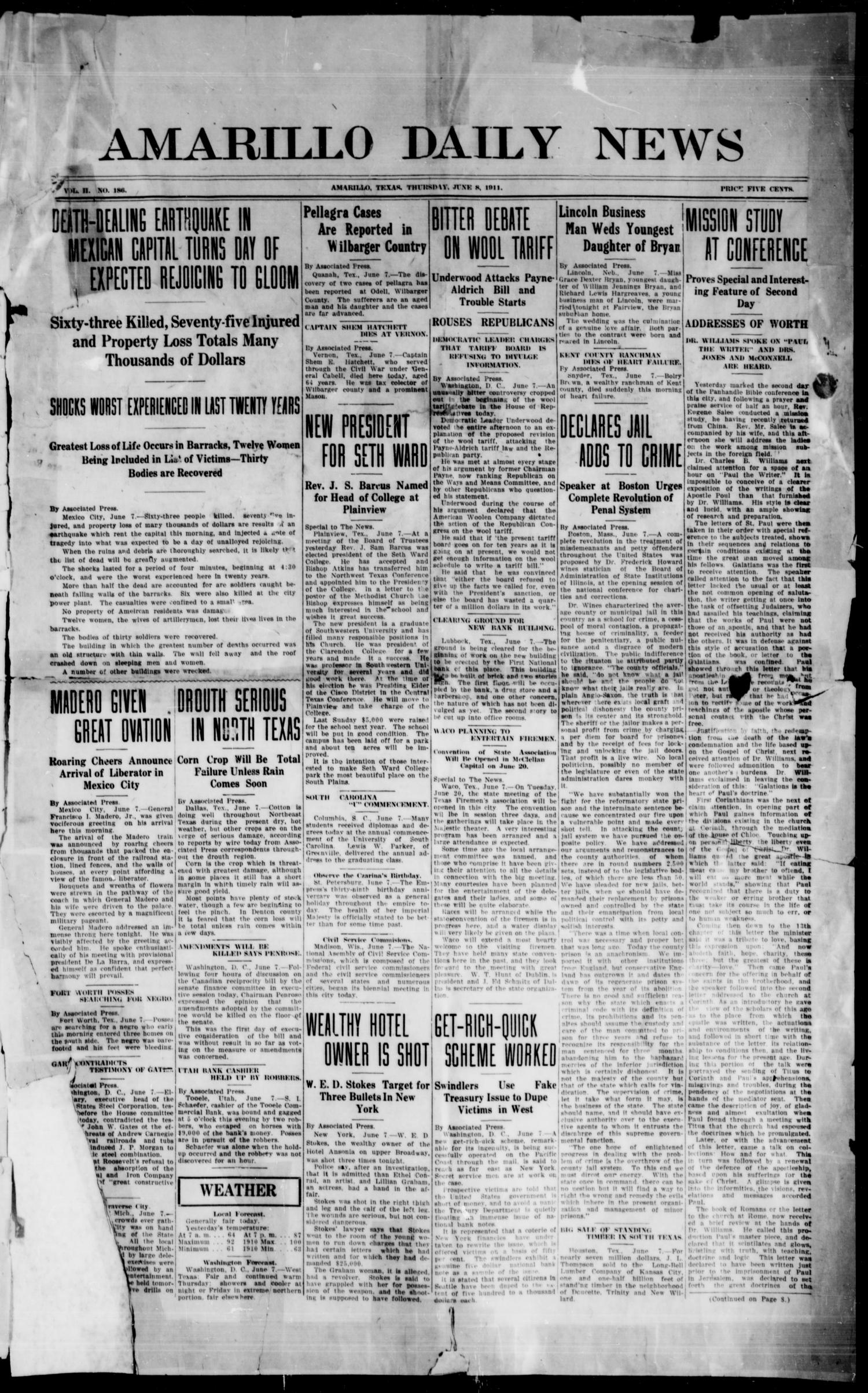 Amarillo Daily News (Amarillo, Tex.), Vol. 2, No. 186, Ed. 1 Thursday, June 8, 1911
                                                
                                                    [Sequence #]: 1 of 4
                                                