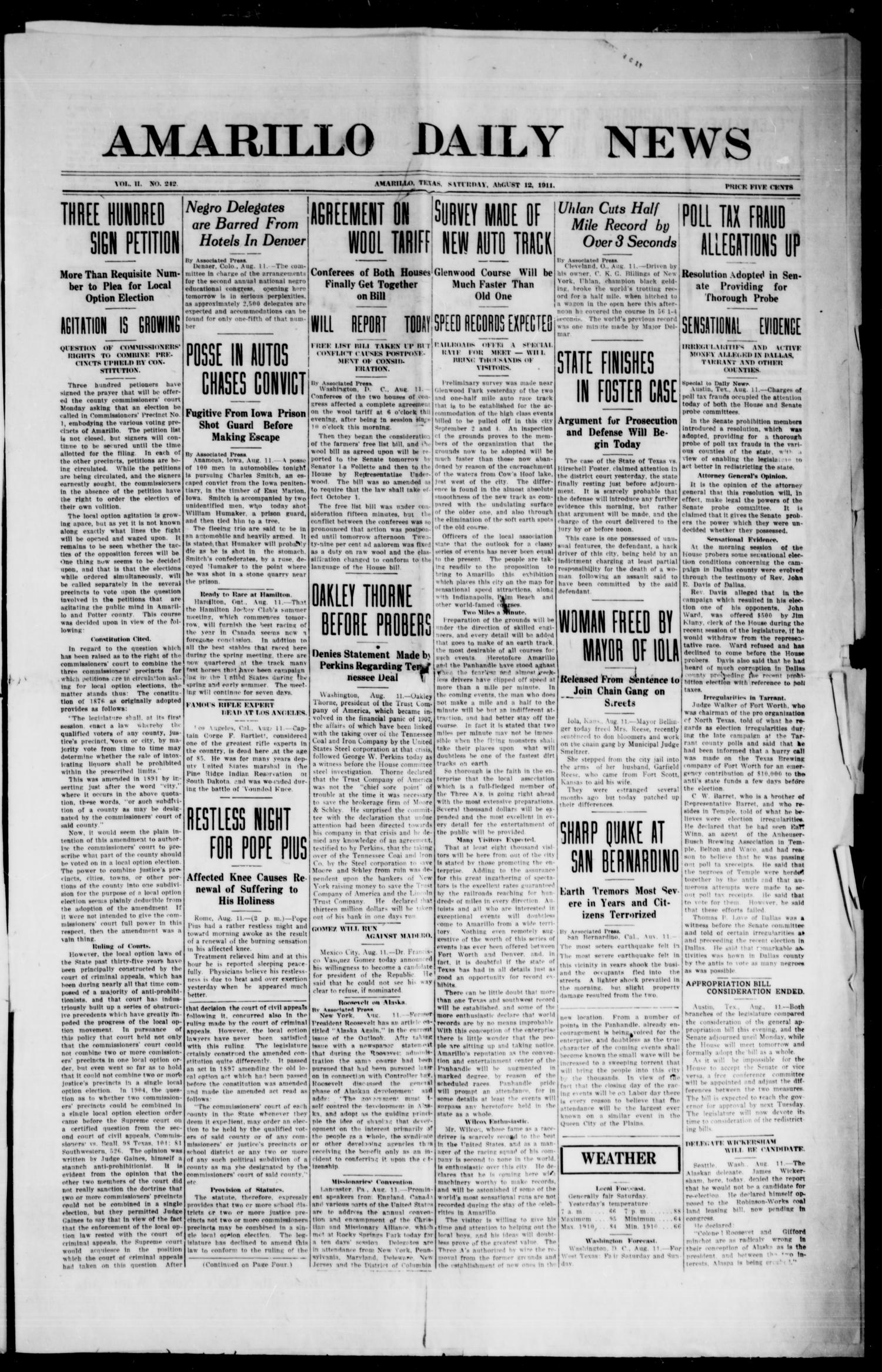 Amarillo Daily News (Amarillo, Tex.), Vol. 2, No. 242, Ed. 1 Saturday, August 12, 1911
                                                
                                                    [Sequence #]: 1 of 8
                                                