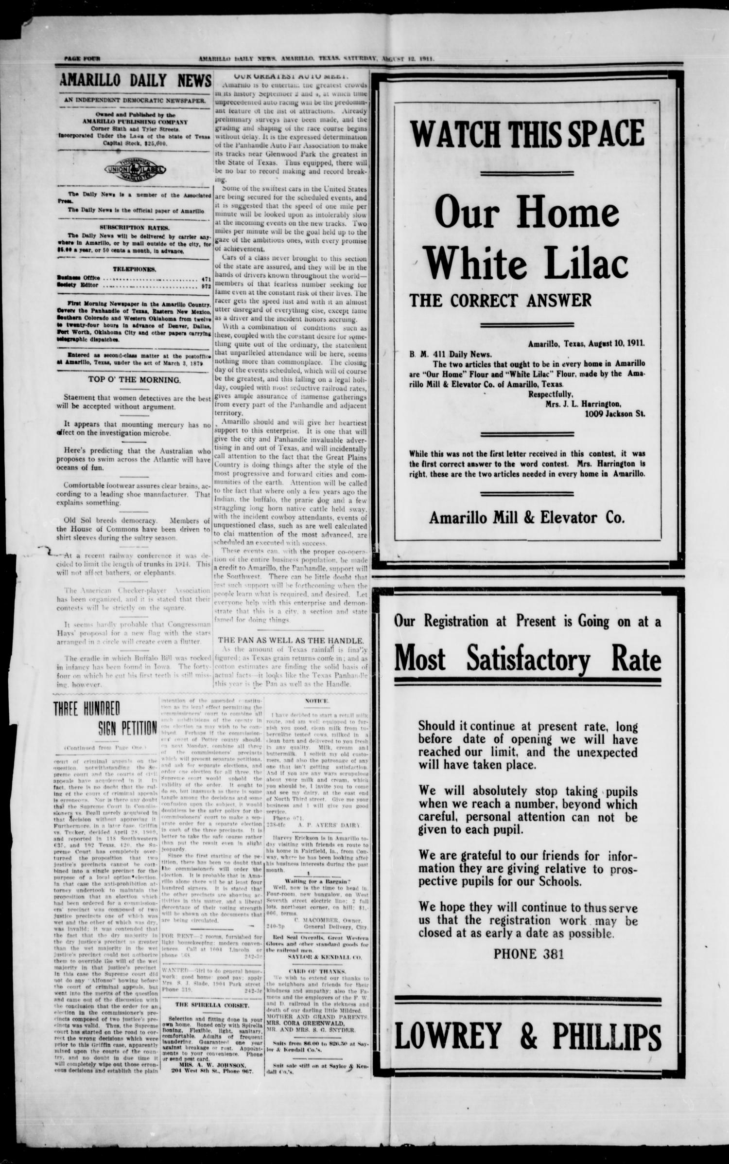 Amarillo Daily News (Amarillo, Tex.), Vol. 2, No. 242, Ed. 1 Saturday, August 12, 1911
                                                
                                                    [Sequence #]: 4 of 8
                                                