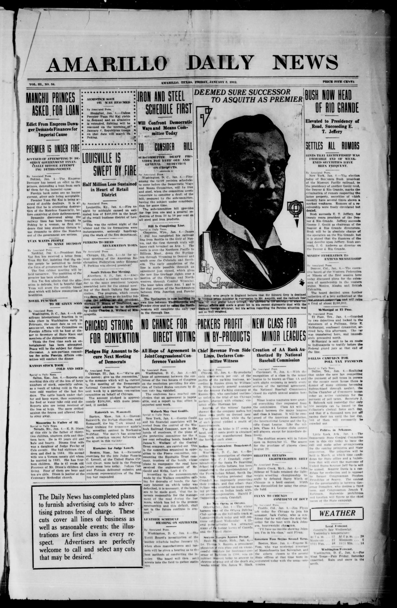 Amarillo Daily News (Amarillo, Tex.), Vol. 3, No. 54, Ed. 1 Friday, January 5, 1912
                                                
                                                    [Sequence #]: 3 of 8
                                                