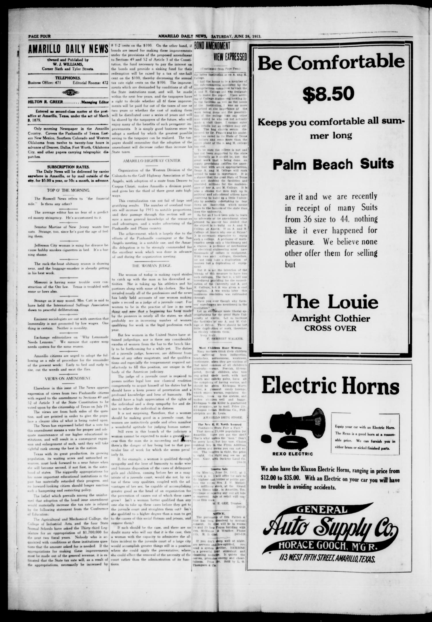 Amarillo Daily News (Amarillo, Tex.), Vol. 4, No. 203, Ed. 1 Saturday, June 28, 1913
                                                
                                                    [Sequence #]: 4 of 8
                                                