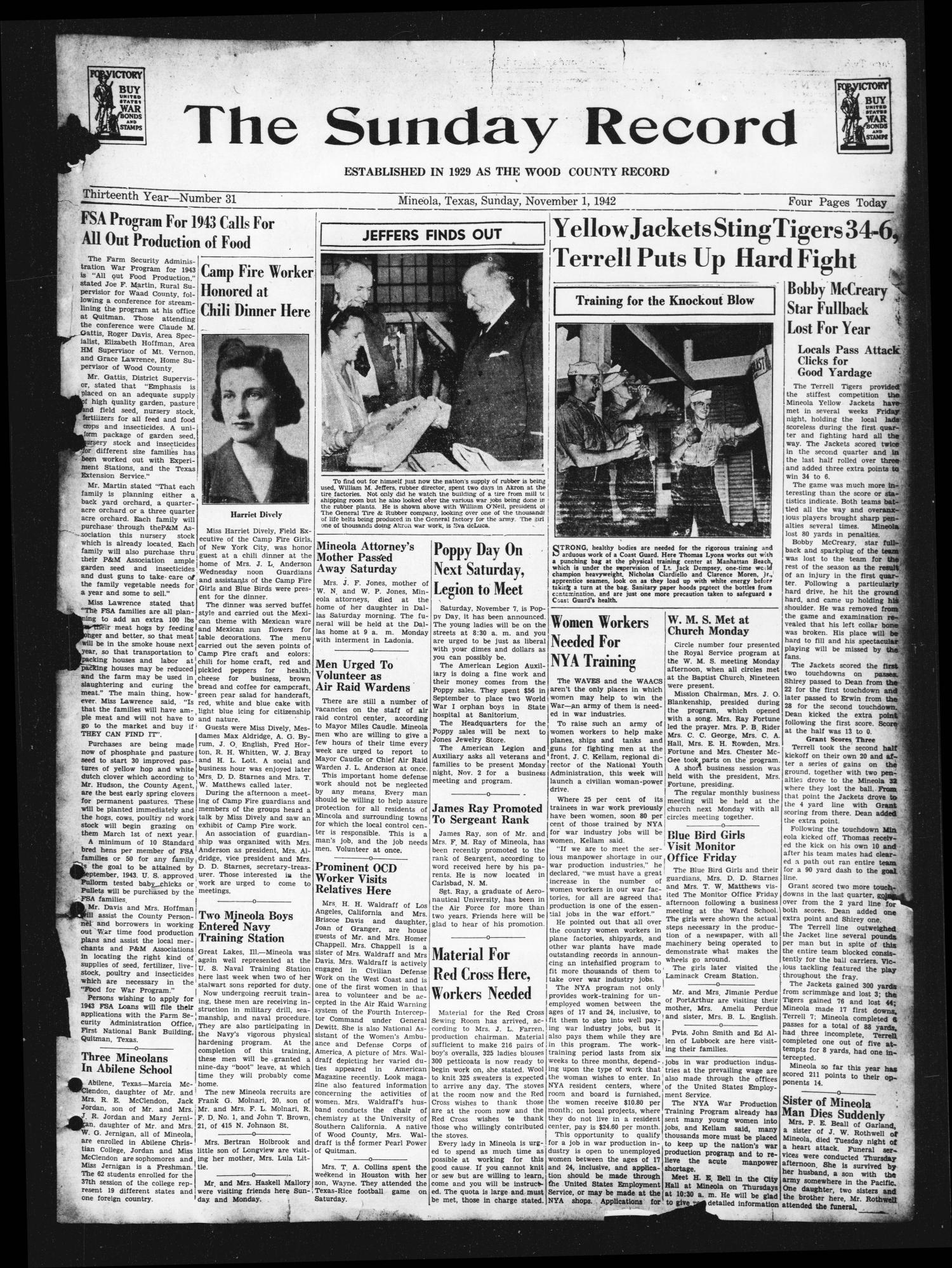 The Sunday Record (Mineola, Tex.), Vol. 13, No. 31, Ed. 1 Sunday, November 1, 1942
                                                
                                                    [Sequence #]: 1 of 4
                                                