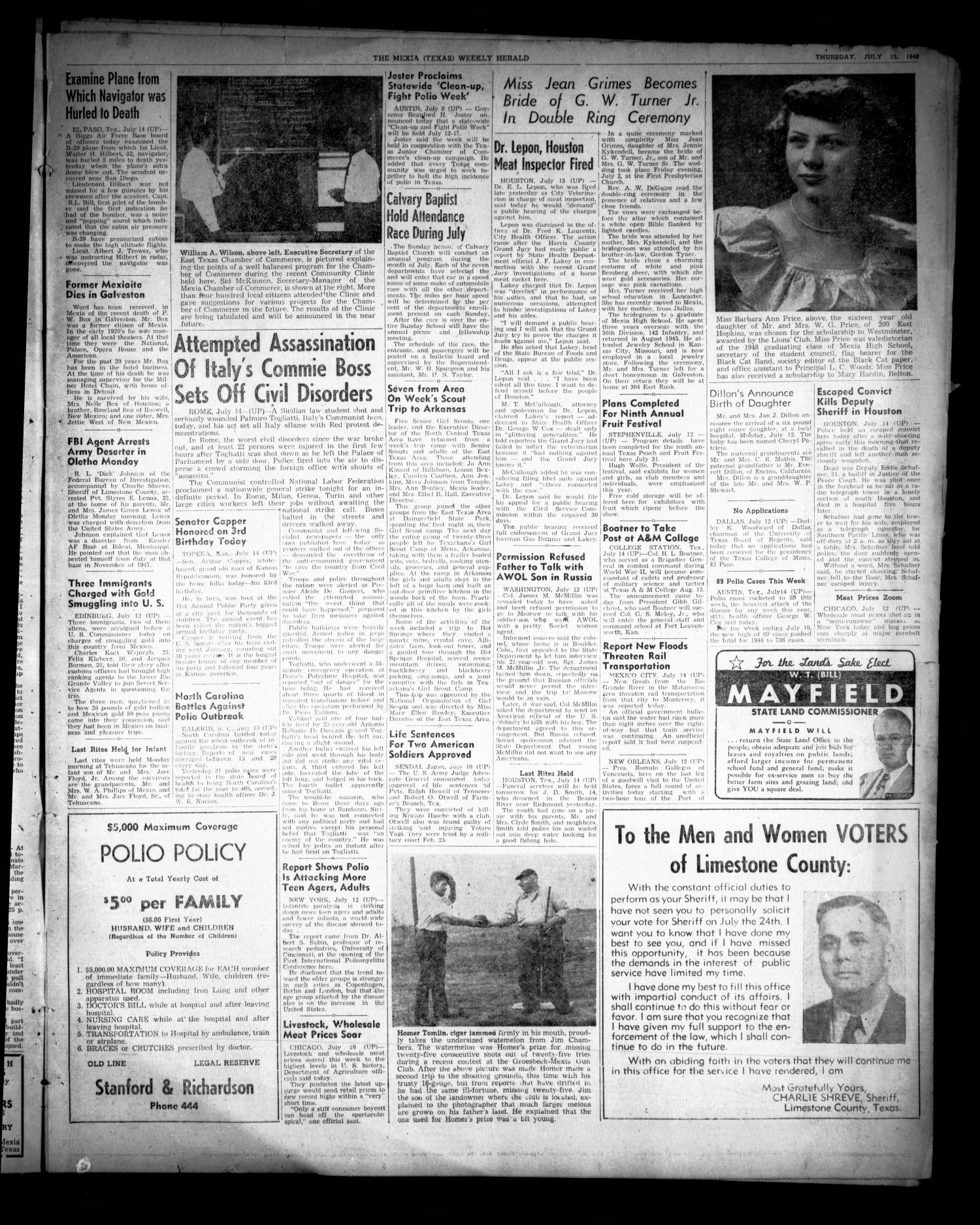 The Mexia Weekly Herald (Mexia, Tex.), Vol. 50, No. 29, Ed. 1 Thursday, July 15, 1948
                                                
                                                    [Sequence #]: 3 of 6
                                                