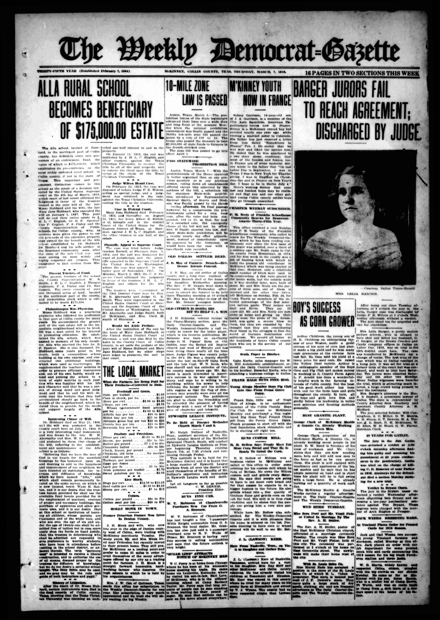 The Weekly Democrat-Gazette (McKinney, Tex.), Vol. 35, Ed. 1 Thursday, March 7, 1918
                                                
                                                    [Sequence #]: 1 of 16
                                                