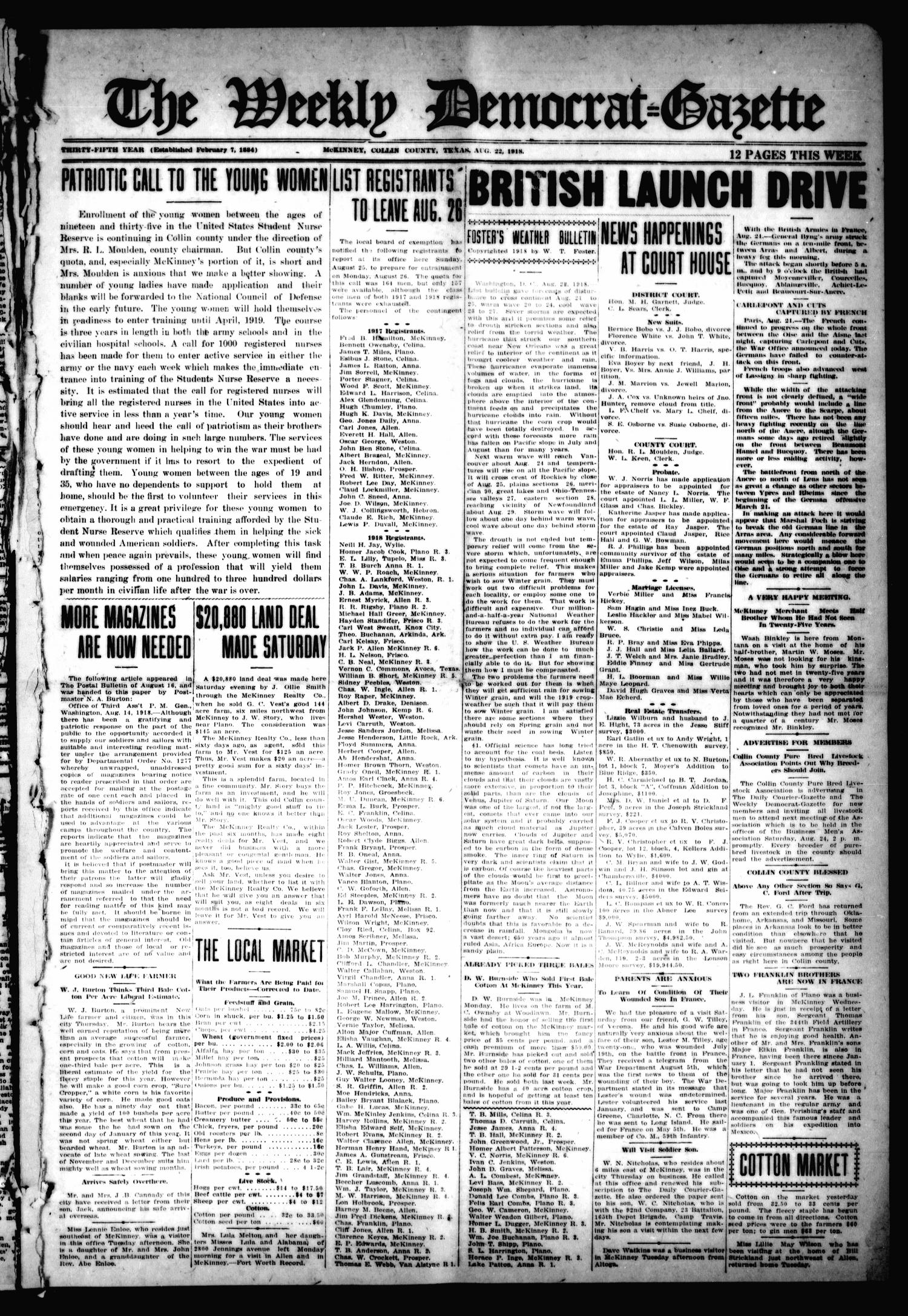 The Weekly Democrat-Gazette (McKinney, Tex.), Vol. 35, Ed. 1 Thursday, August 22, 1918
                                                
                                                    [Sequence #]: 1 of 12
                                                