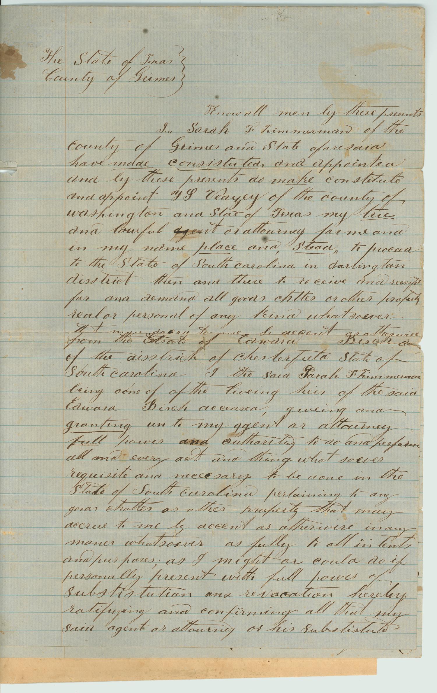[Sarah Zimmerman granting power of attorney to her agent, April 4, 1860]
                                                
                                                    [Sequence #]: 1 of 2
                                                