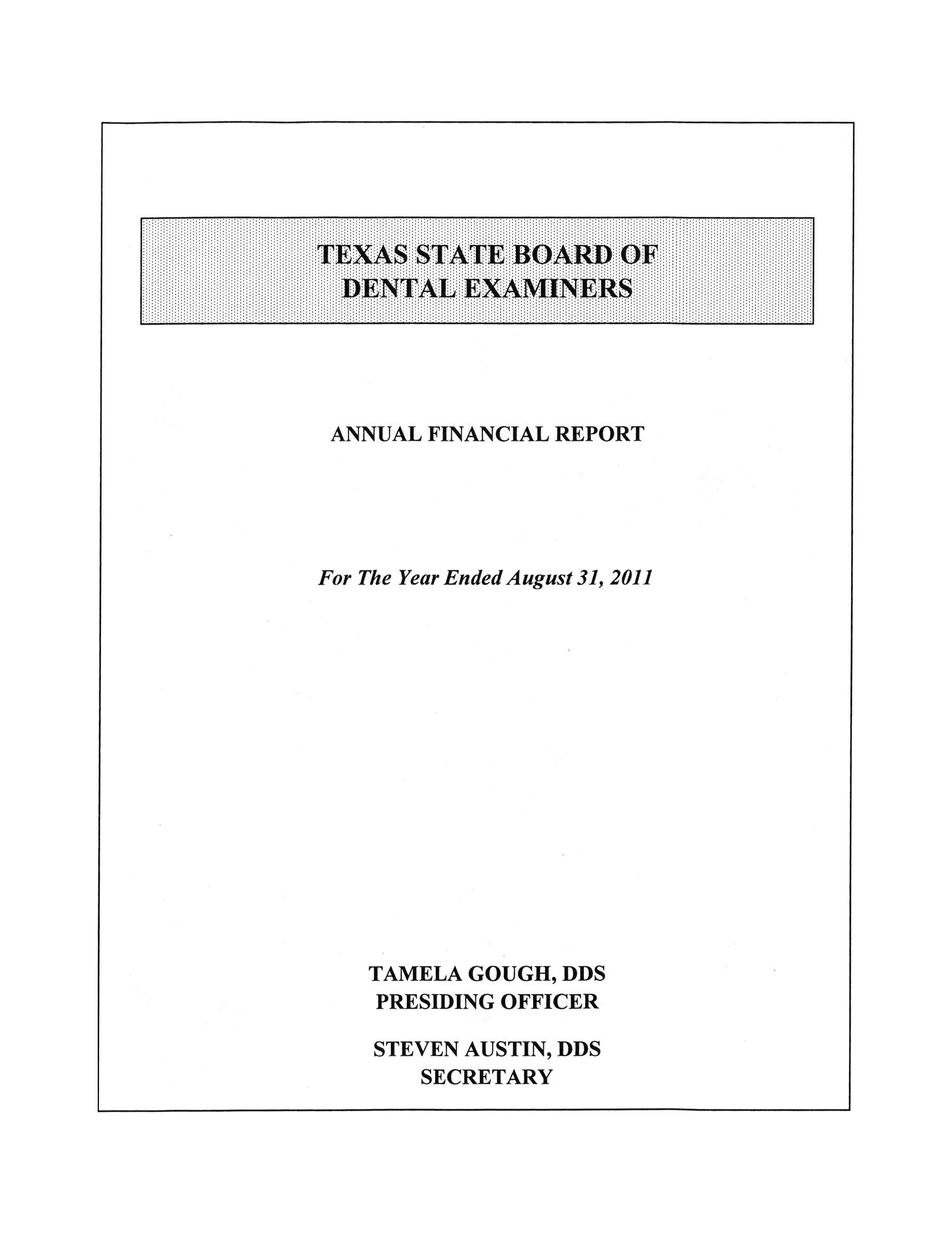 Texas State Board of Dental Examiners Annual Financial Report: 2011
                                                
                                                    Title Page
                                                