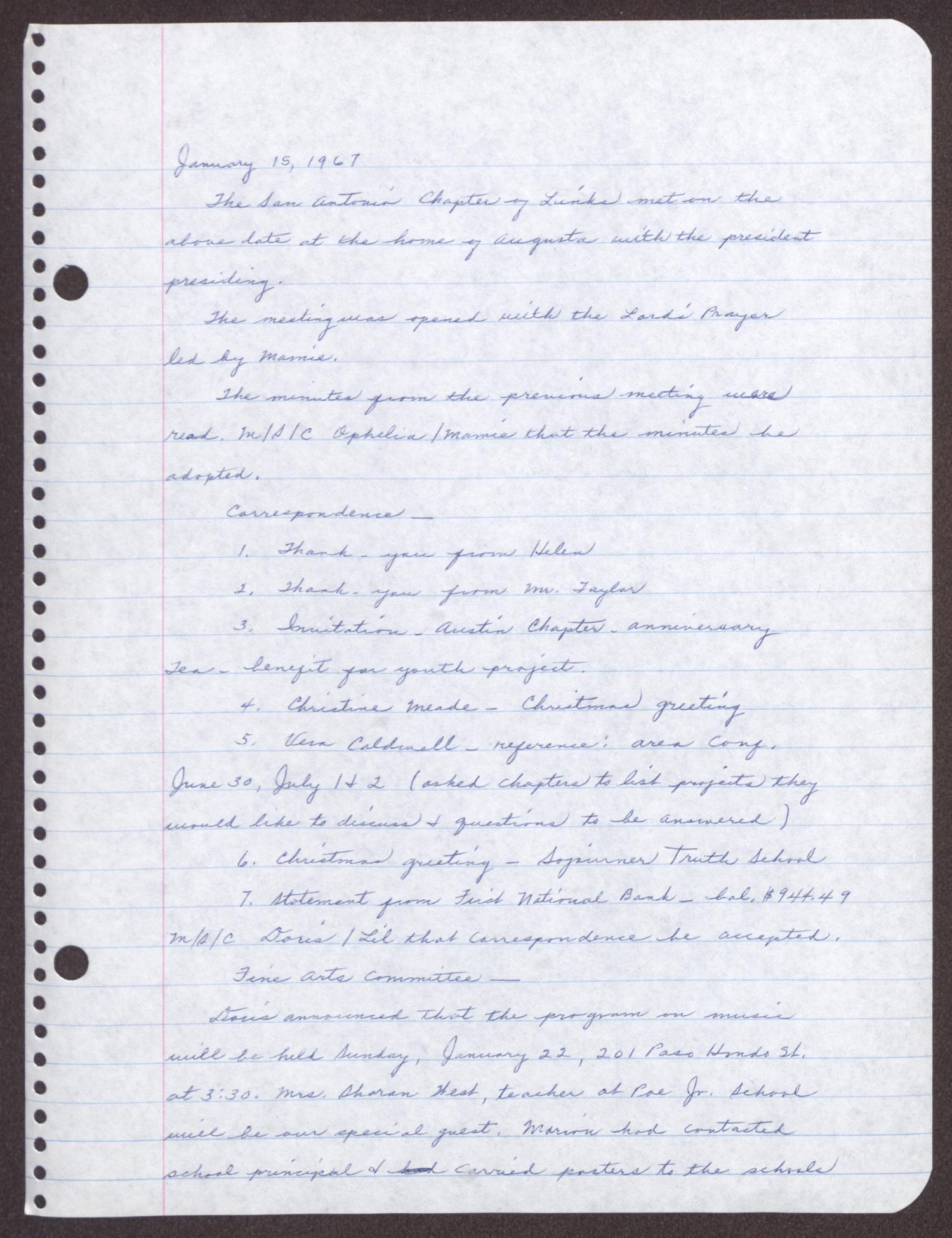 [Minutes for the San Antonio Chapter of the Links, Inc. Meeting - January 15, 1967]
                                                
                                                    [Sequence #]: 1 of 4
                                                