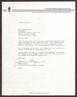 Primary view of object titled '[Letter from Janice Dupré to Margaret Winn - January 30, 1987]'.