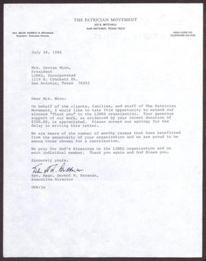 Primary view of object titled '[Letter from Rev. Msgr. Dermot N. Brosnan to Margaret Winn - July 28, 1986]'.