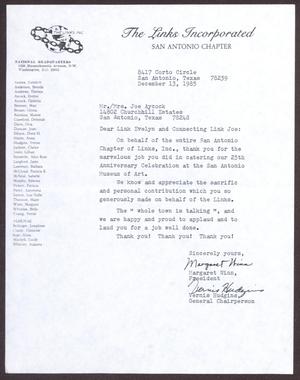 Primary view of object titled '[Letter from Margaret Winn and Vernis Hudgins to Mr./Mrs. Joe Aycock - December 13, 1985]'.