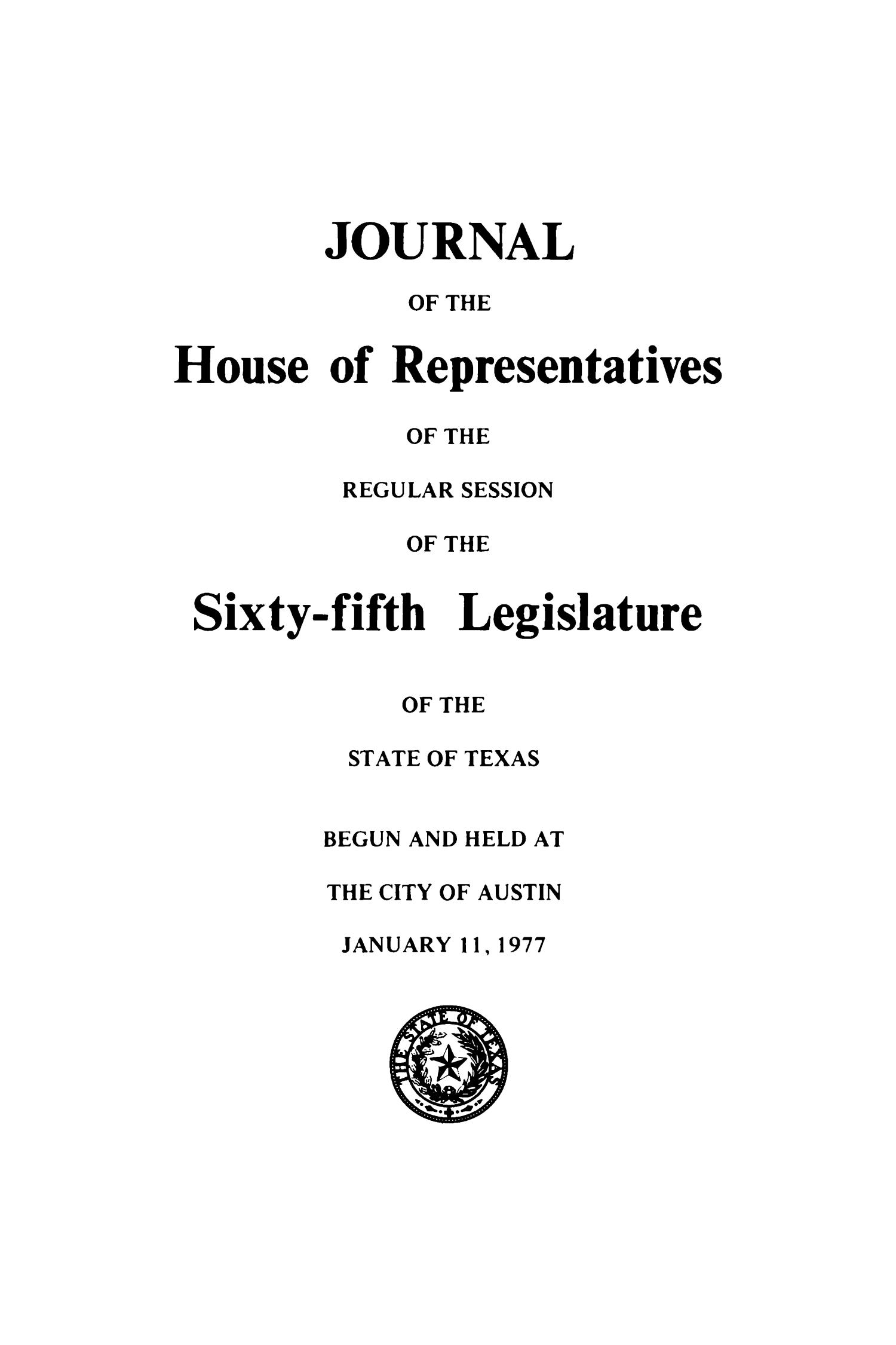 Journal of the House of Representatives of the Regular Session of the Sixty-Fifth Legislature of the State of Texas, Volume 1
                                                
                                                    Title Page
                                                